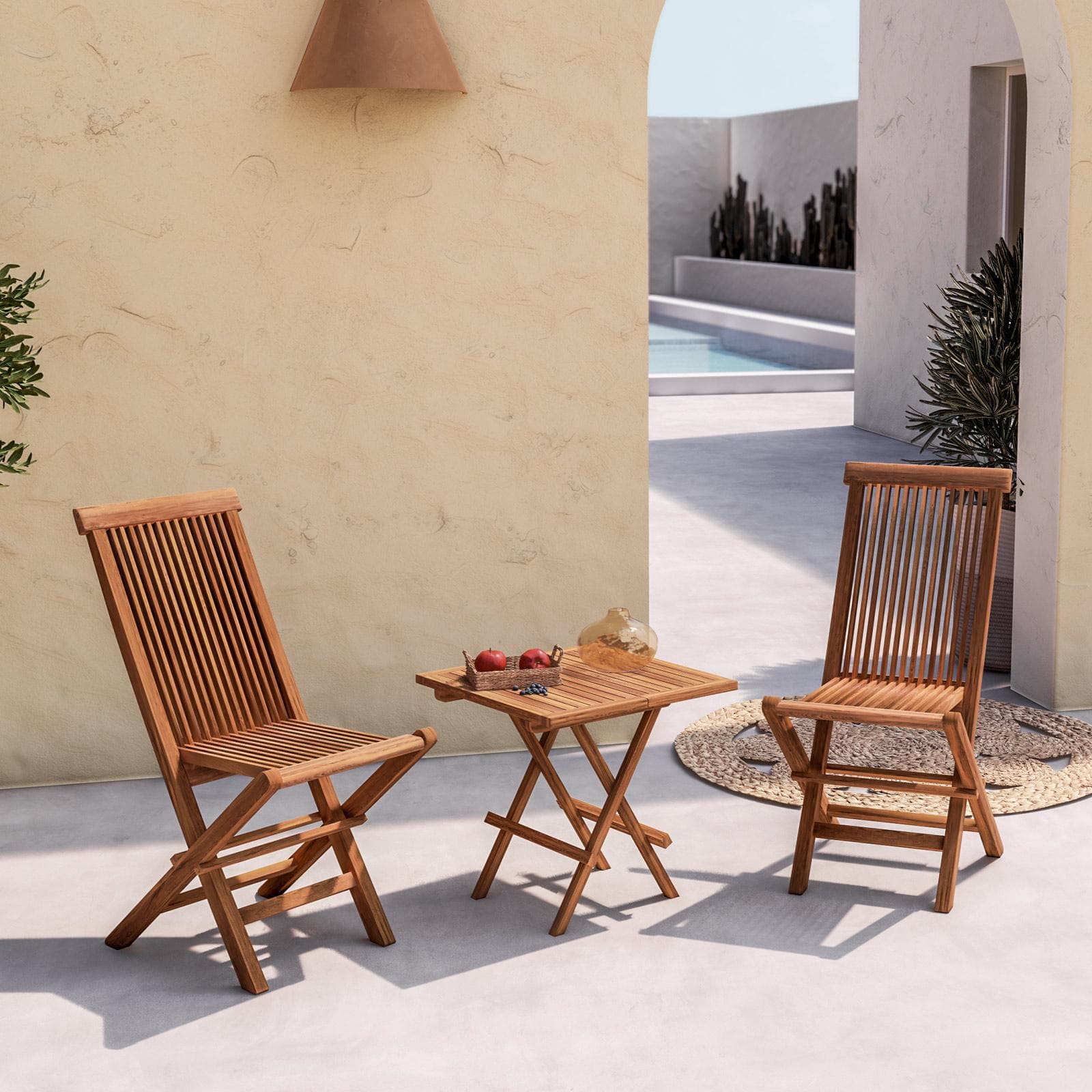 Set relax tavolino pieghevole 50x50 cm e 2 sedie pieghevoli in legno teak - Louis
