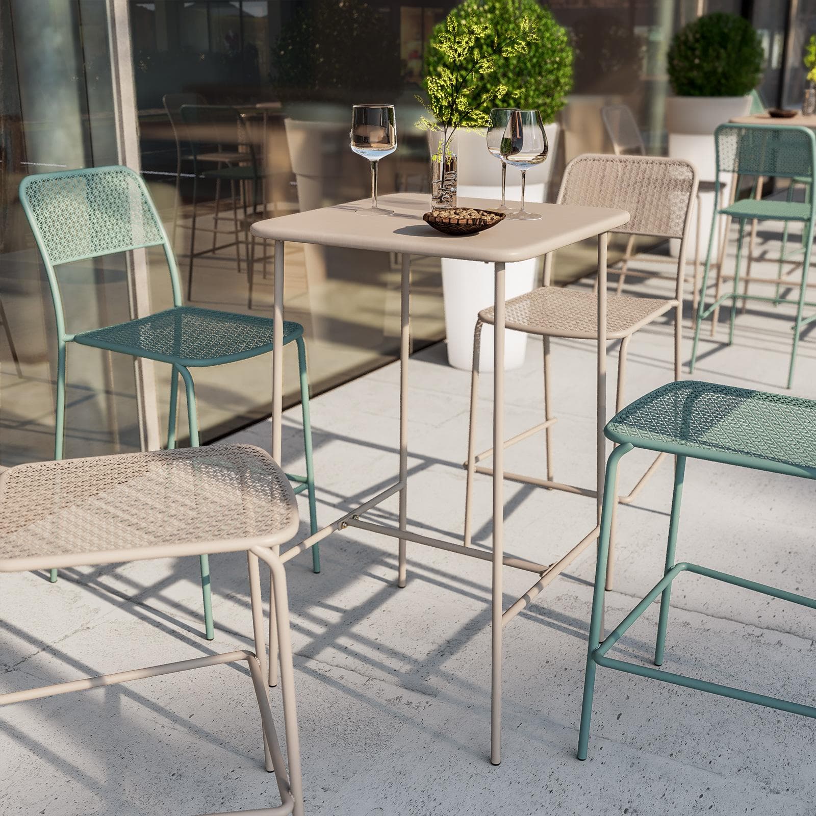 Set con tavolo alto 60x60 cm e 4 sgabelli in acciaio tortora e verde marino - Faber