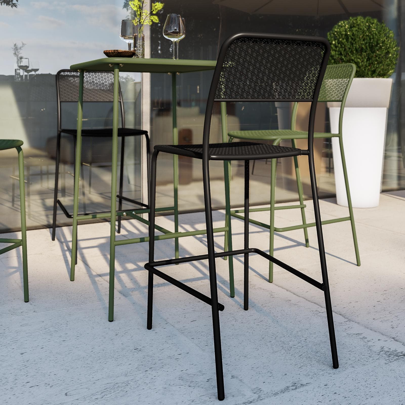 Set con tavolo alto 60x60 cm e 4 sgabelli in acciaio verde oliva e nero - Faber
