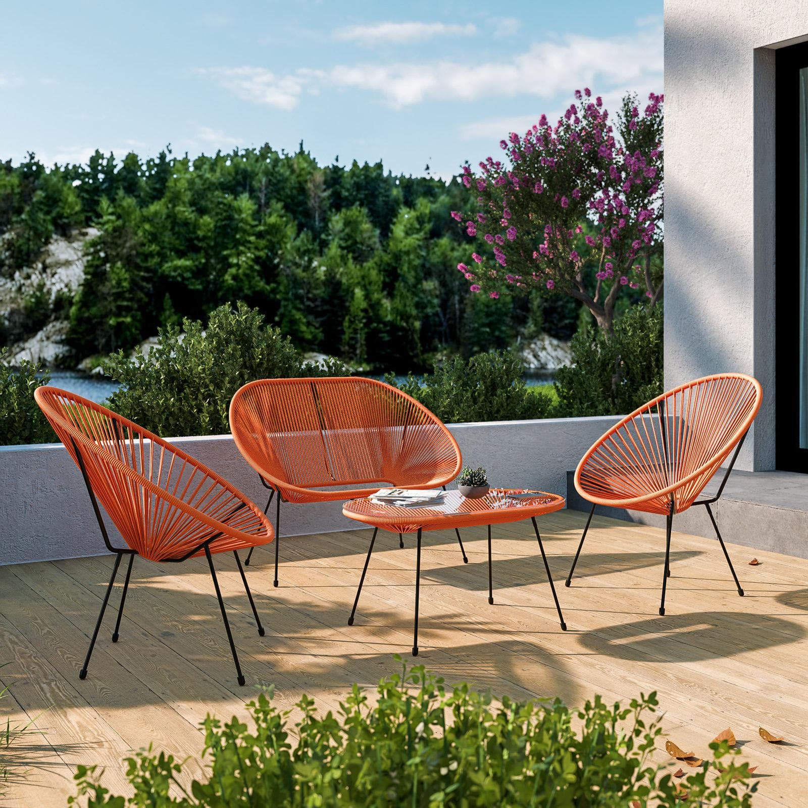 Set relax con divano 2 poltrone e tavolino 90x45 cm in metallo nero e corda arancione - Kalimba