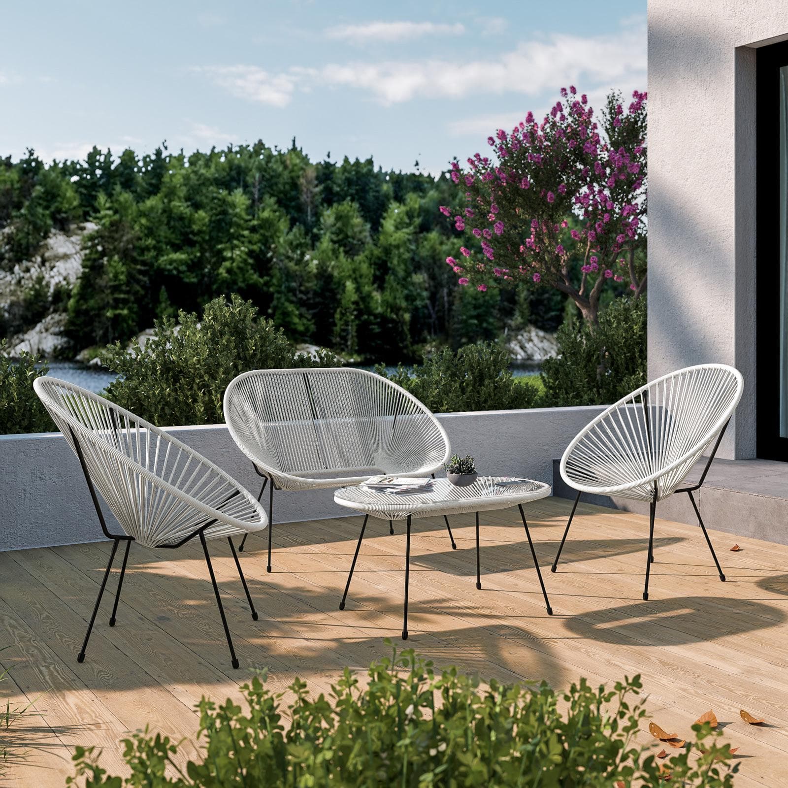 Set relax con divano 2 poltrone e tavolino 90x45 cm in metallo nero e corda bianca - Kalimba