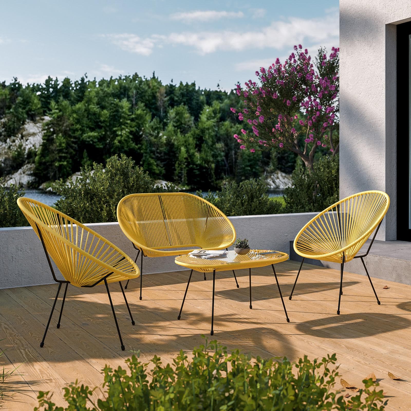 Set relax con divano 2 poltrone e tavolino 90x45 cm in metallo nero e corda gialla - Kalimba