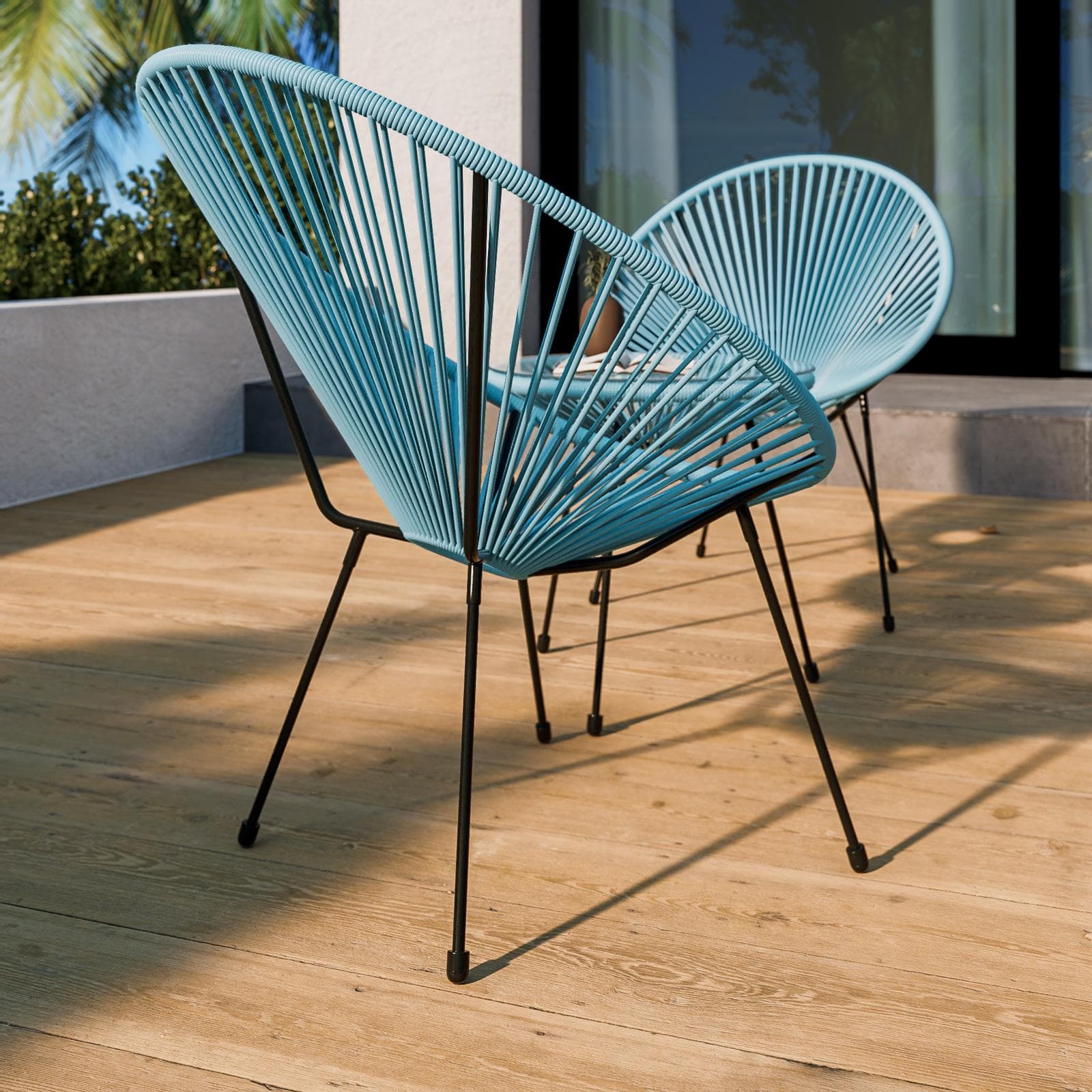 Set relax con 2 poltrone e tavolino rotondo 50 cm in metallo nero e corda azzurro - Kalimba