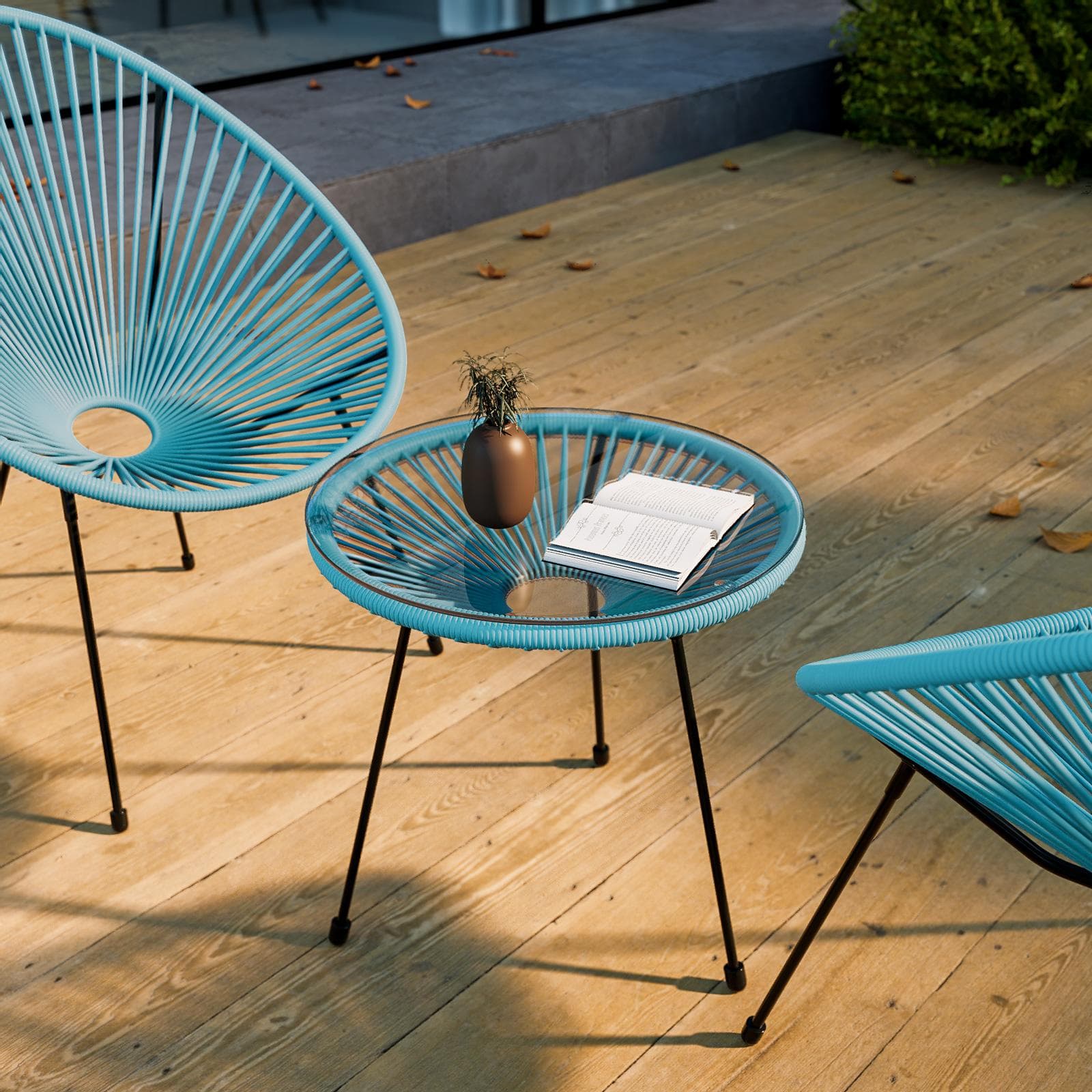 Set relax con 2 poltrone e tavolino rotondo 50 cm in metallo nero e corda azzurro - Kalimba