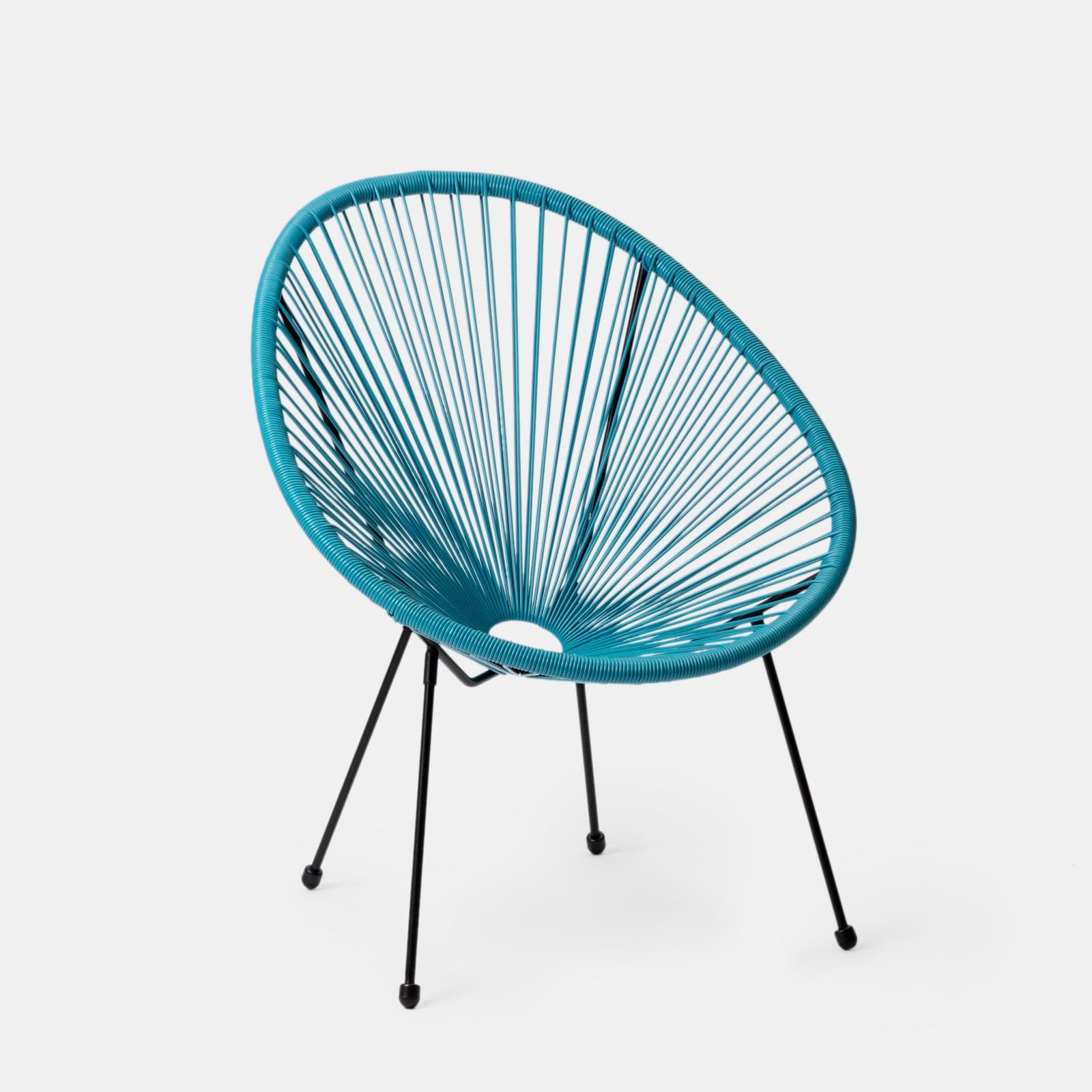 Set relax con 2 poltrone e tavolino rotondo 50 cm in metallo nero e corda azzurro - Kalimba