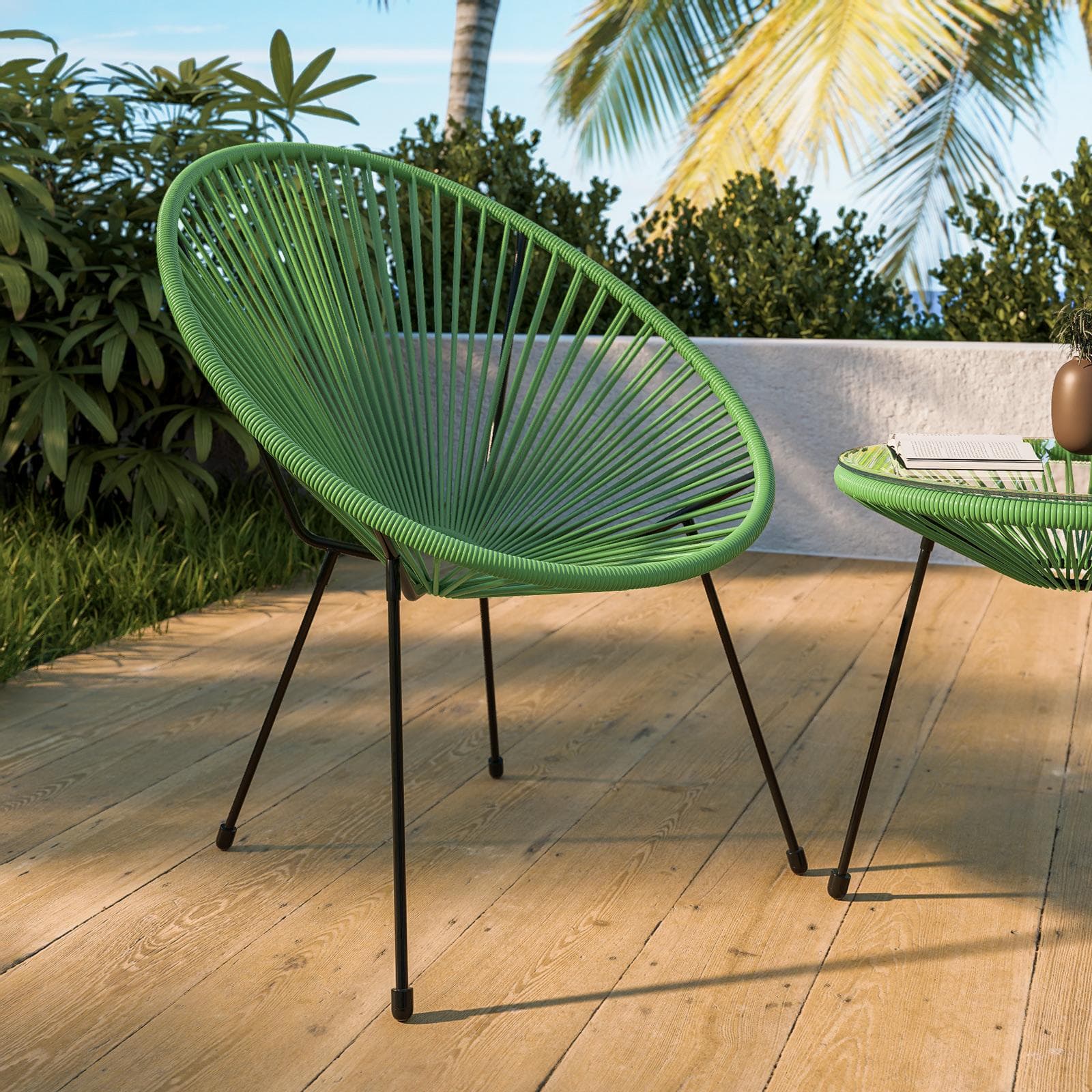 Set relax con 2 poltrone e tavolino rotondo 50 cm in metallo nero e corda verde - Kalimba