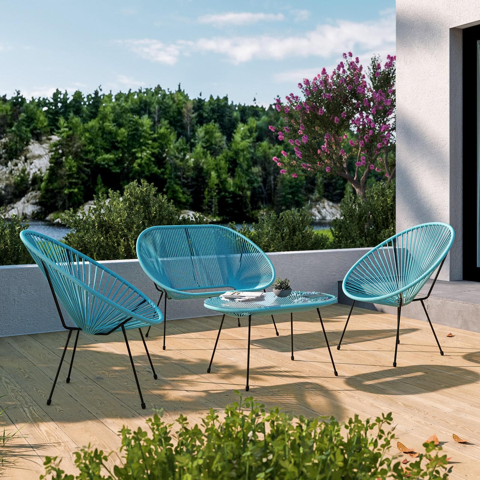 Set relax con divano 2 poltrone e tavolino 90x45 cm in metallo nero e corda azzurro - Kalimba