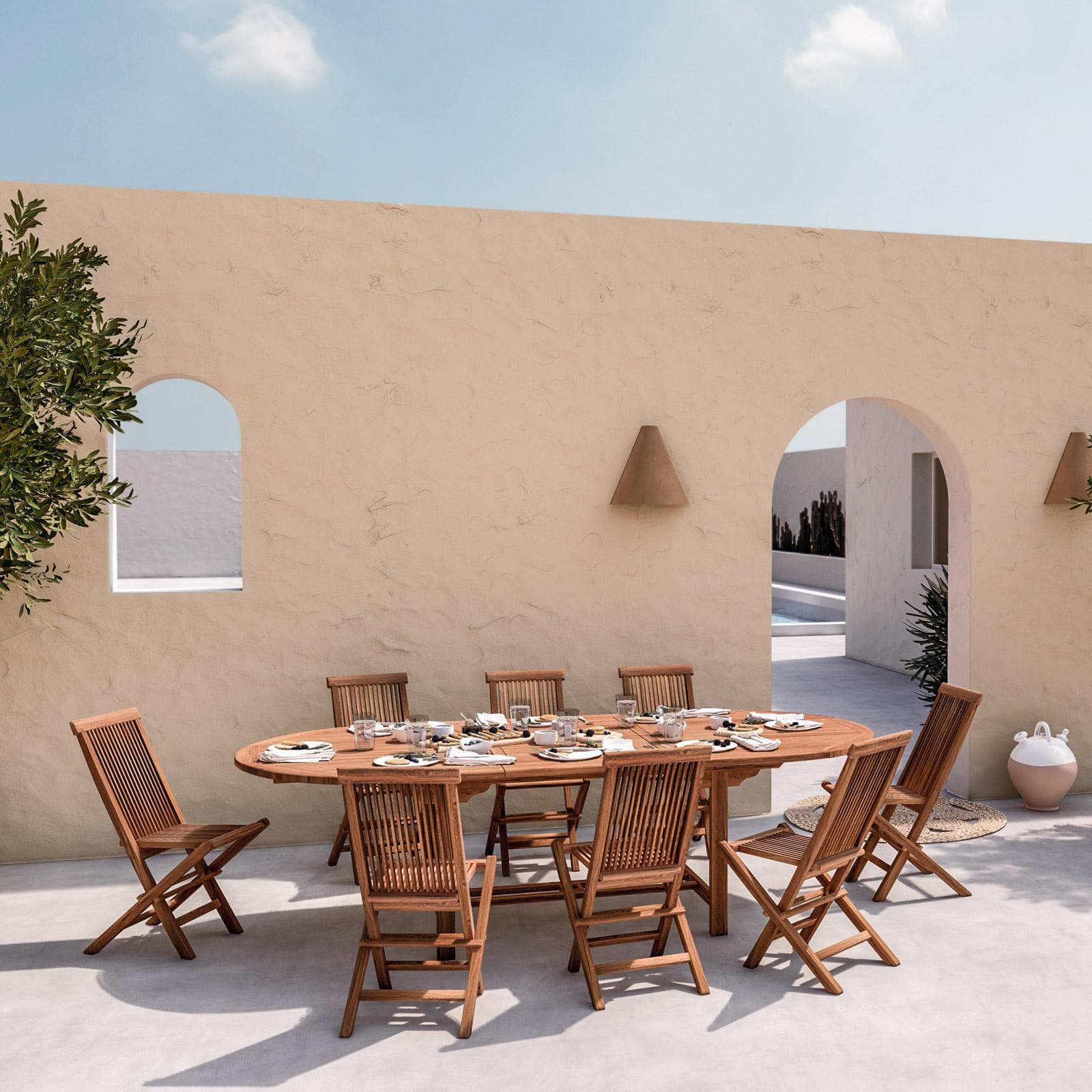 Set pranzo tavolo ovale allungabile 180/240x120 cm e 8 sedie in legno teak - Louis