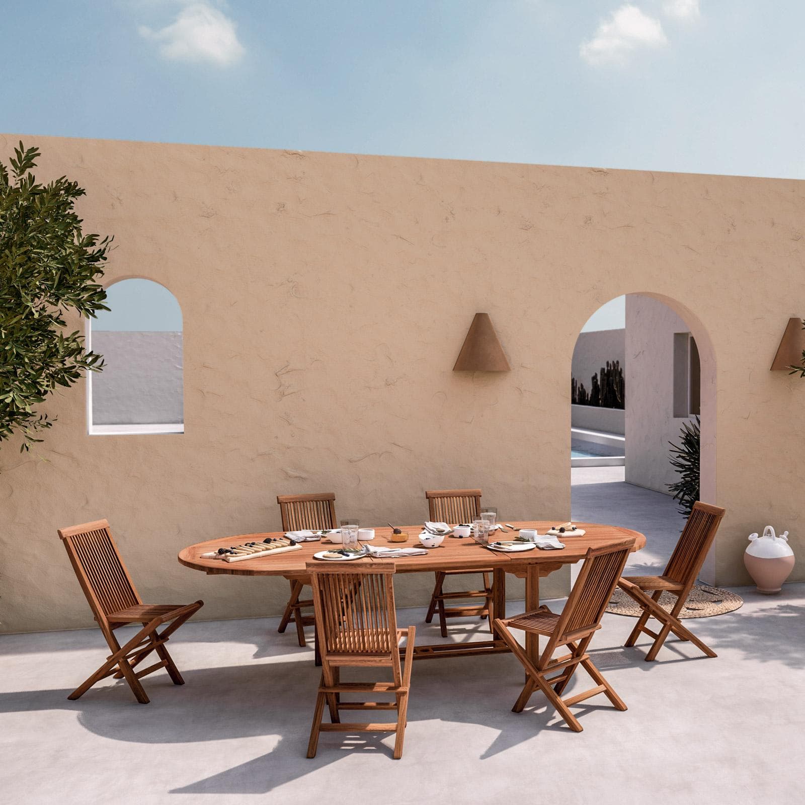 Set pranzo tavolo ovale allungabile 180/240x120 cm e 6 sedie in legno teak - Louis