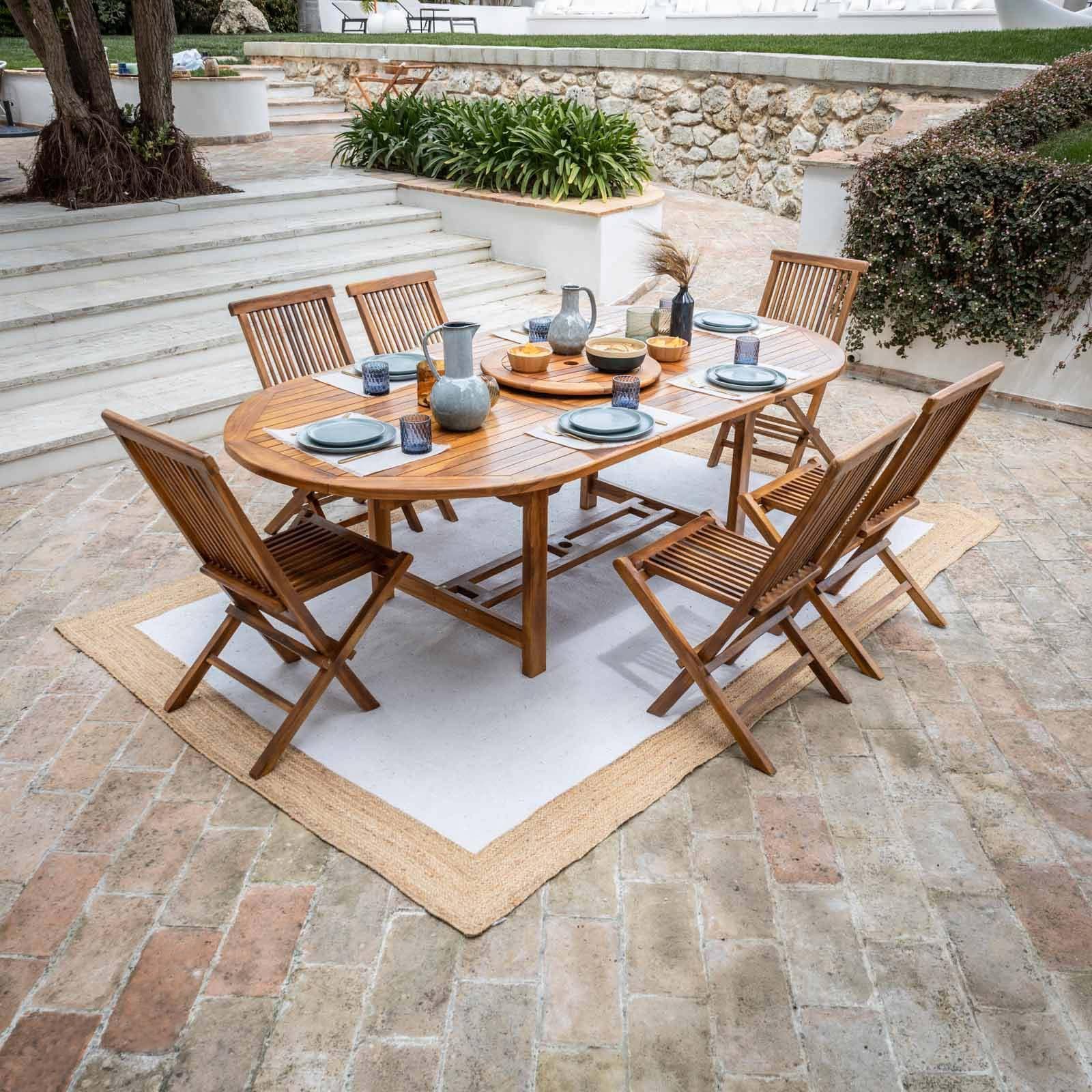 Set pranzo tavolo ovale allungabile 180/240x120 cm e 6 sedie in legno teak - Louis