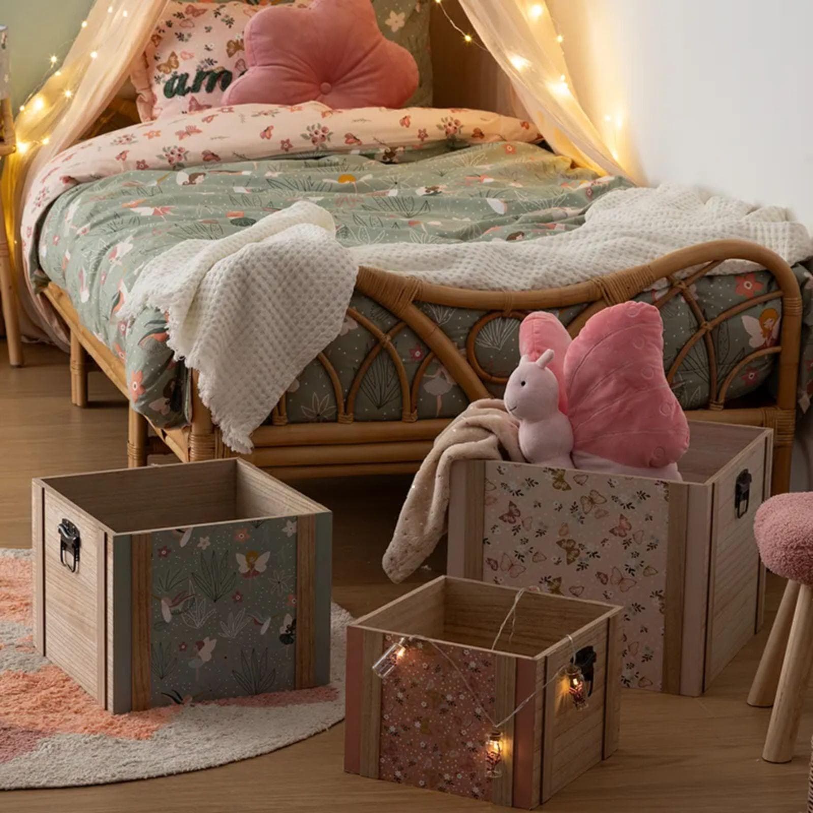 Set di 3 organizer in legno naturale e multicolore con manici - Kids