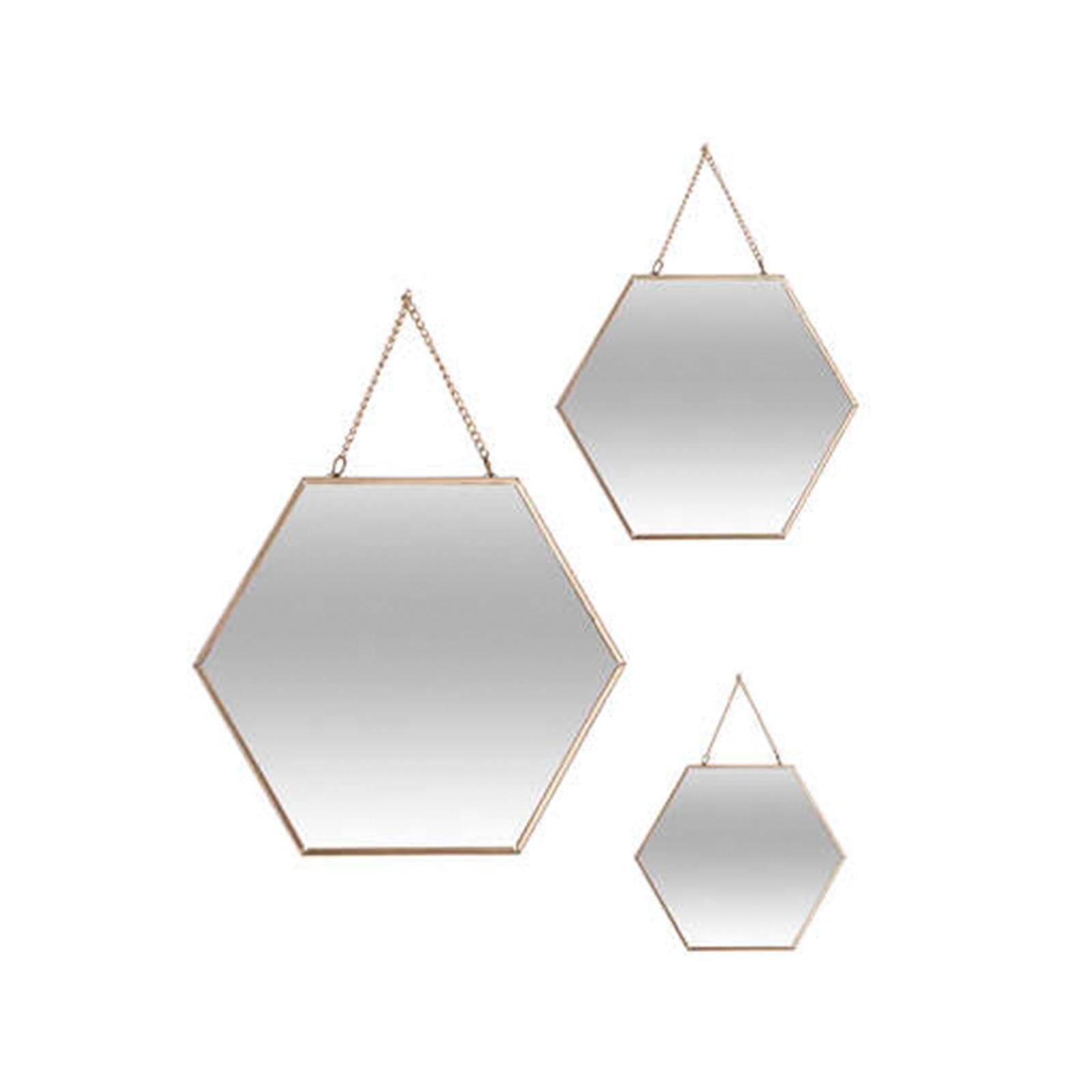 Set di 3 specchi esagonali con cornice dorata