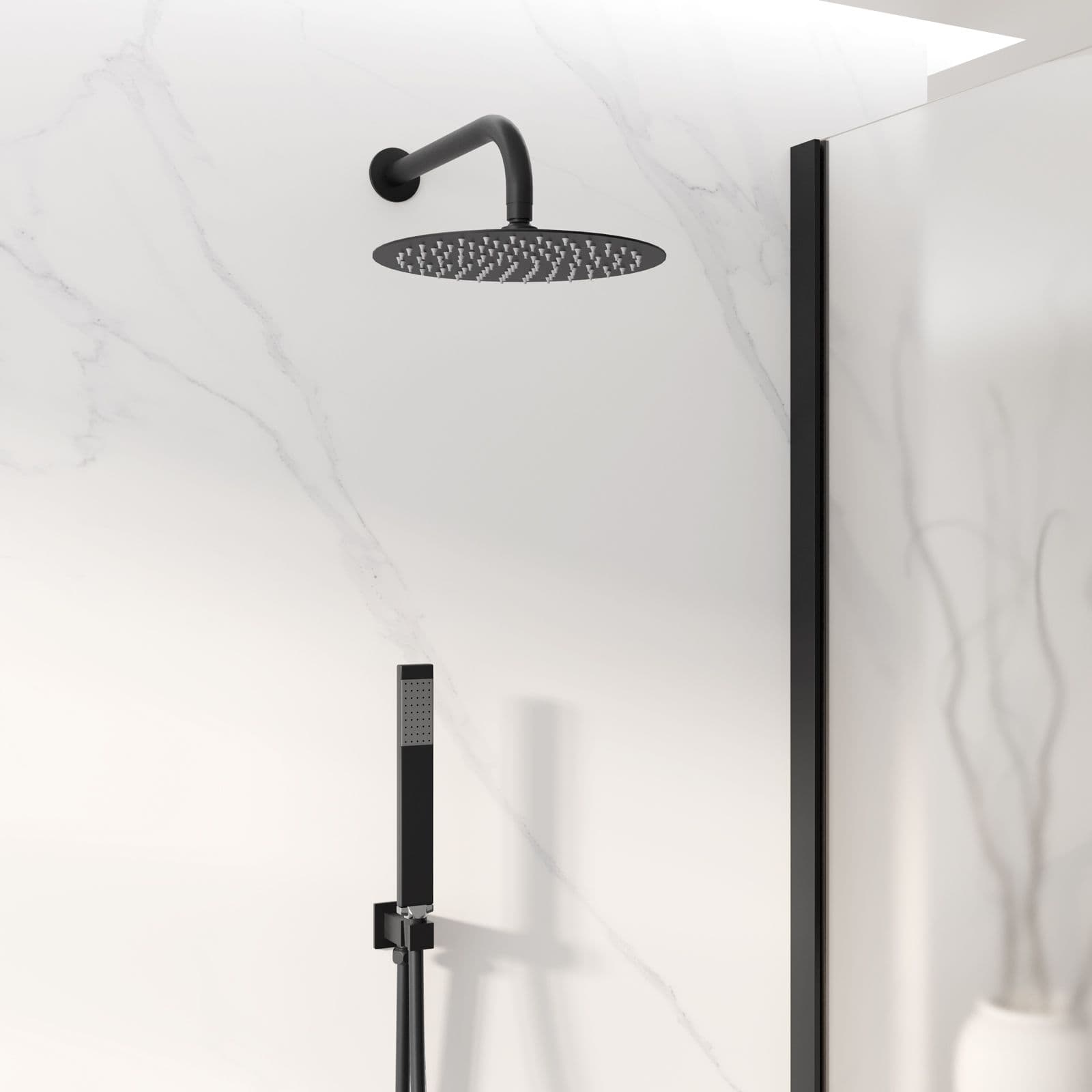Set doccia con soffione 25 cm e braccio 28 cm e kit doccino nero opaco