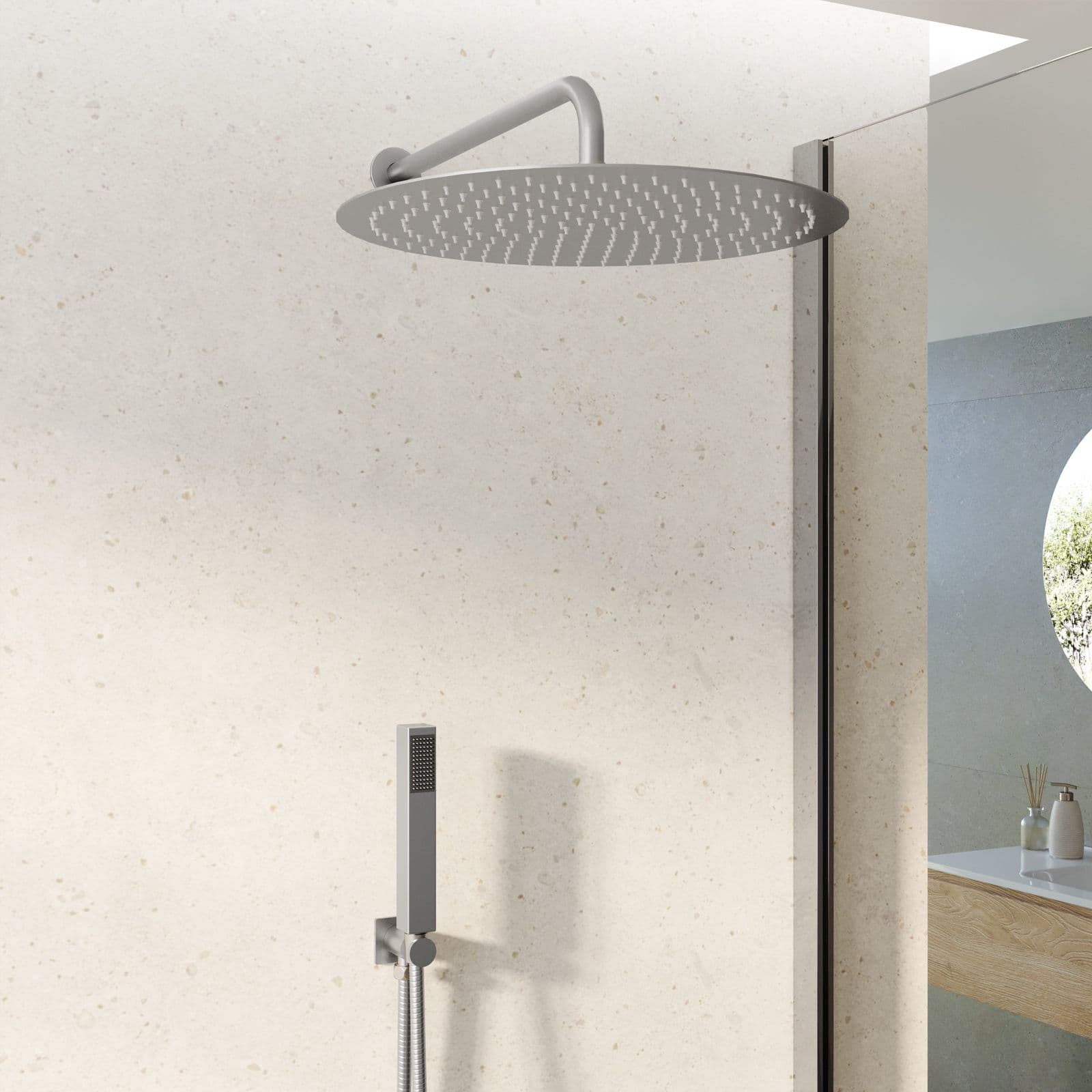 Set doccia con soffione 40 cm con braccio 40 cm e kit doccino spazzolato