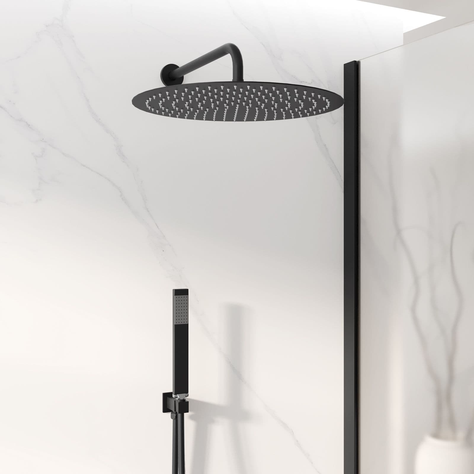 Set doccia con soffione 40 cm, braccio doccia 35 cm e kit doccino nero opaco