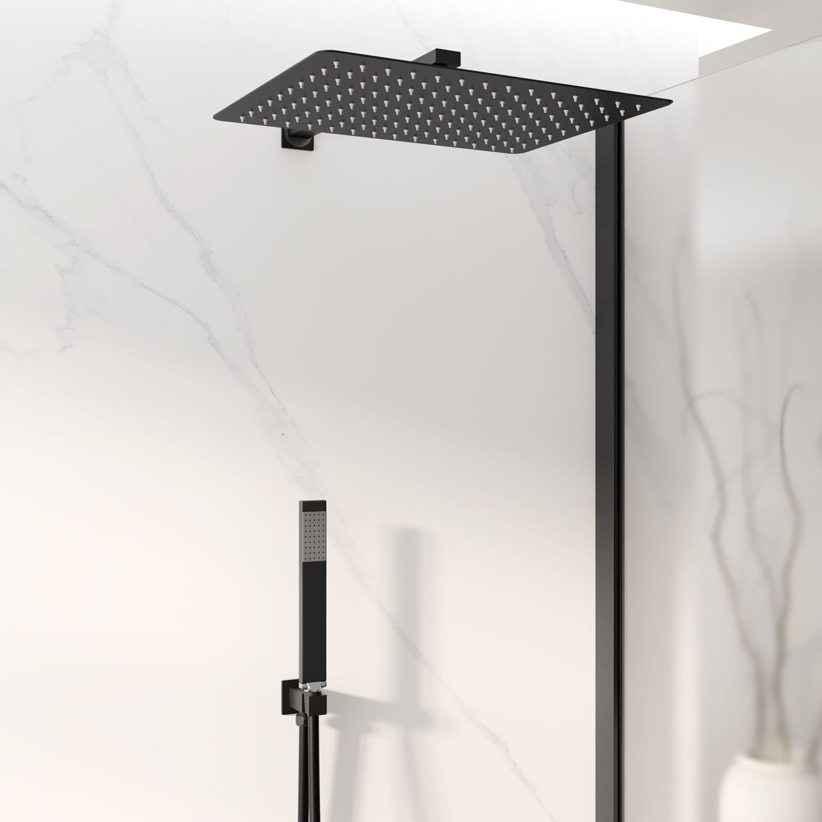 Set doccia con soffione 40x30 cm, braccio slim 40 cm e kit doccino nero opaco