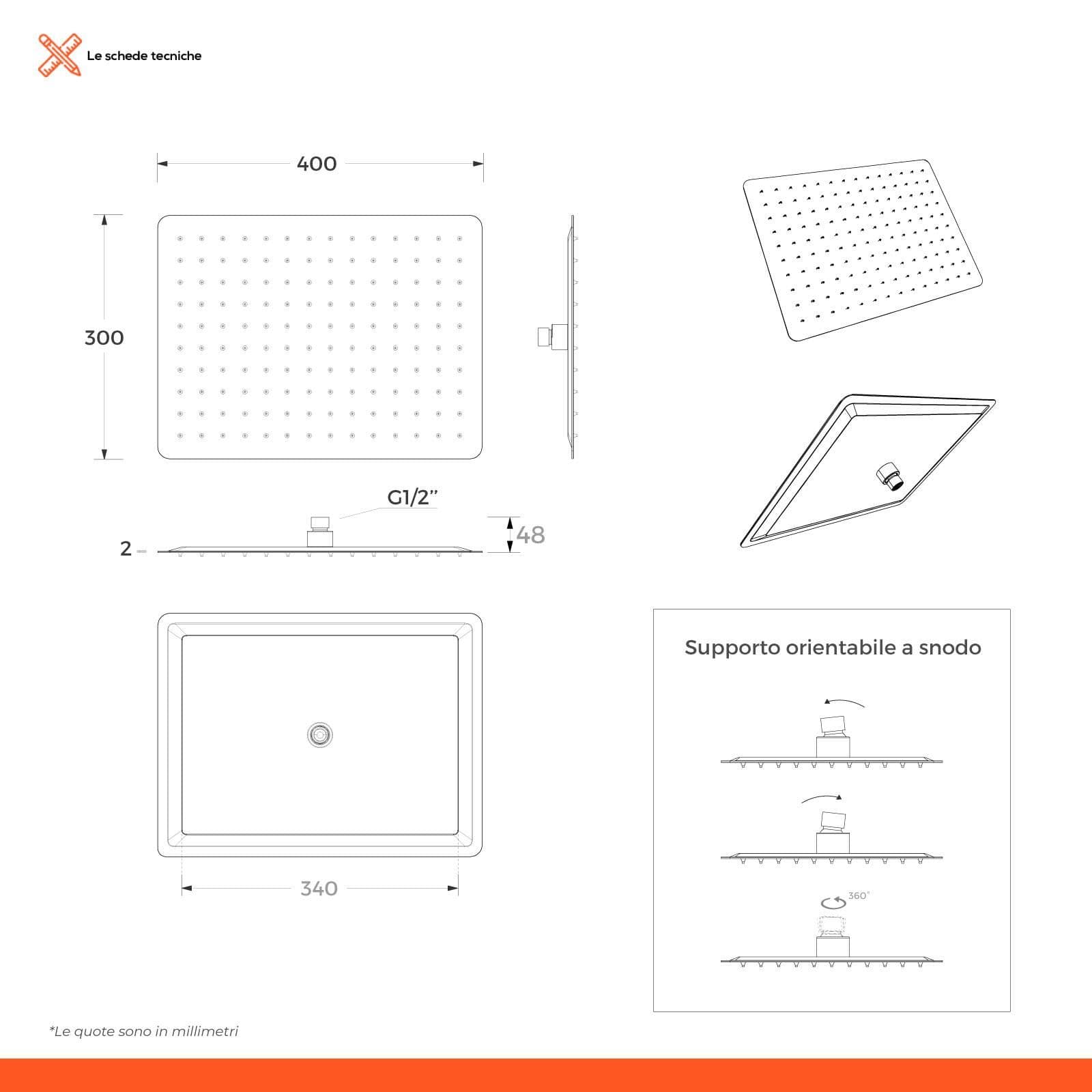 Set doccia con soffione 40x30 cm, braccio slim 40 cm e kit doccino nero opaco