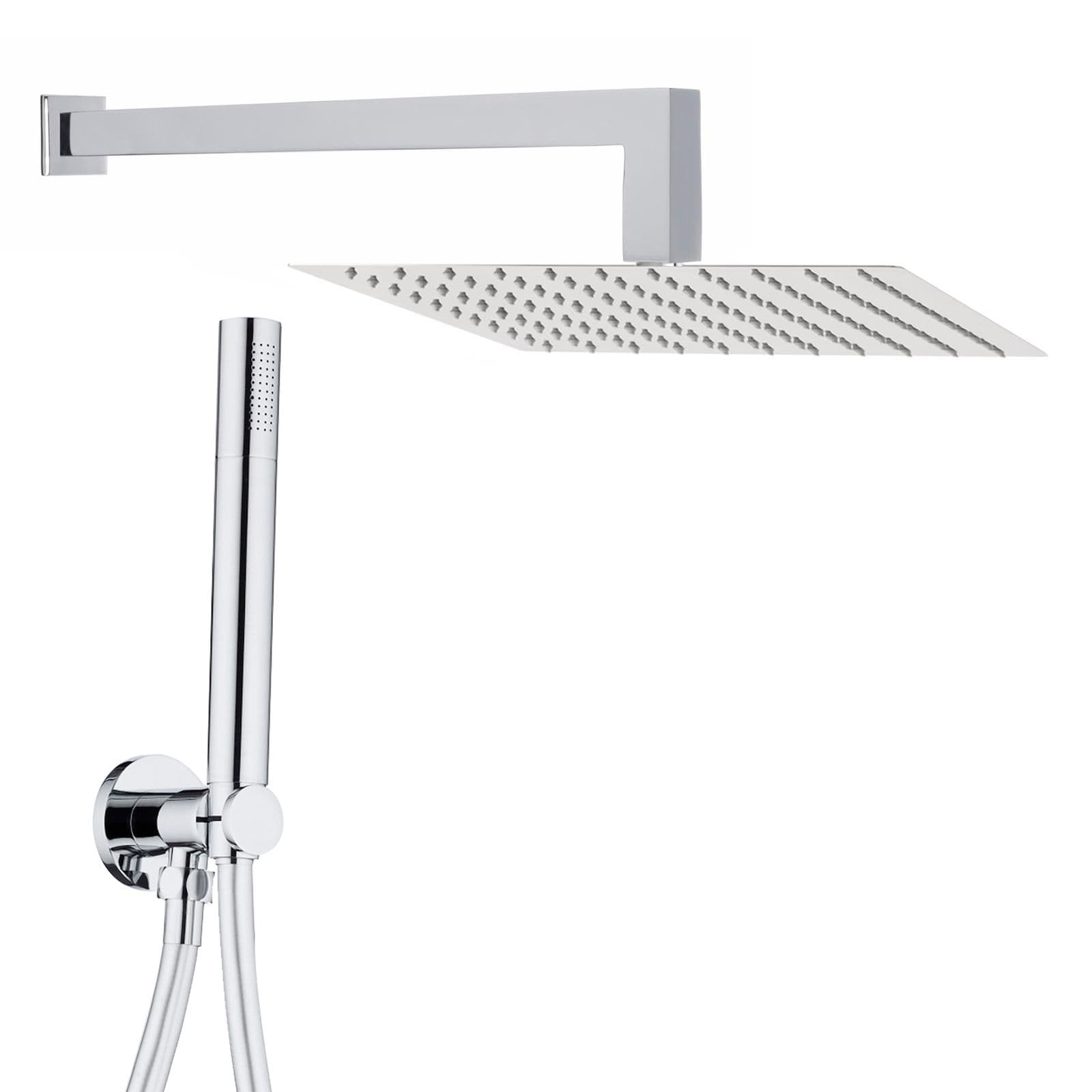 Set doccia con soffione quadrato cromo 30x30 cm braccio 35 cm e doccino anticalcare