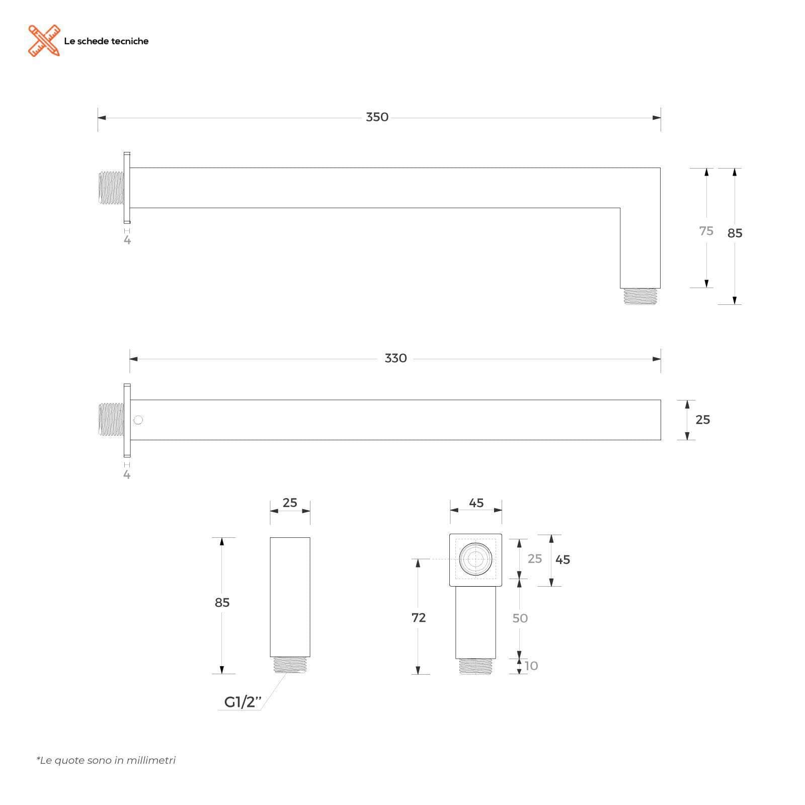 Set doccia con soffione quadrato cromo 30x30 cm braccio 35 cm e doccino anticalcare