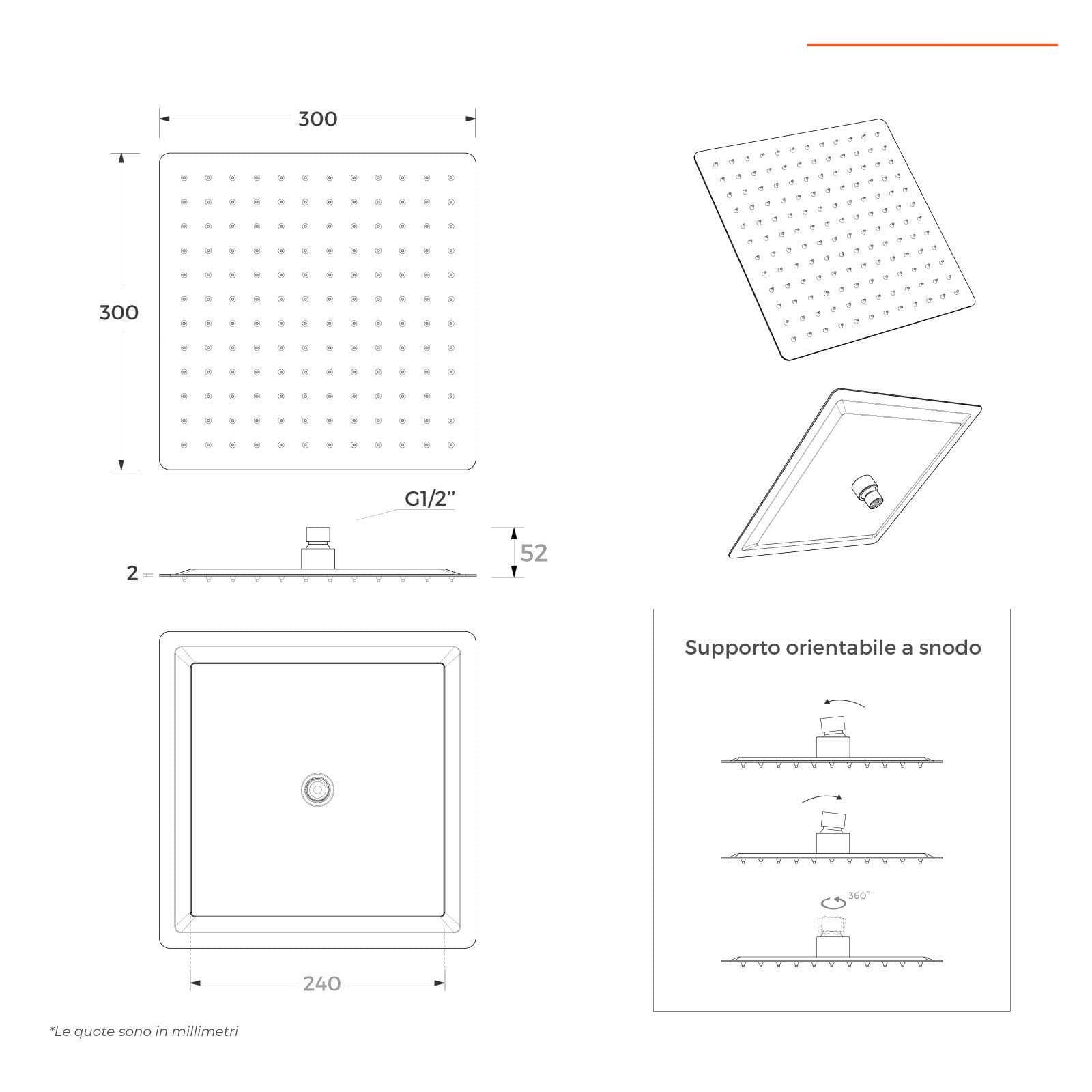 Set doccia con soffione quadrato cromo 30x30 cm braccio 35 cm e doccino anticalcare