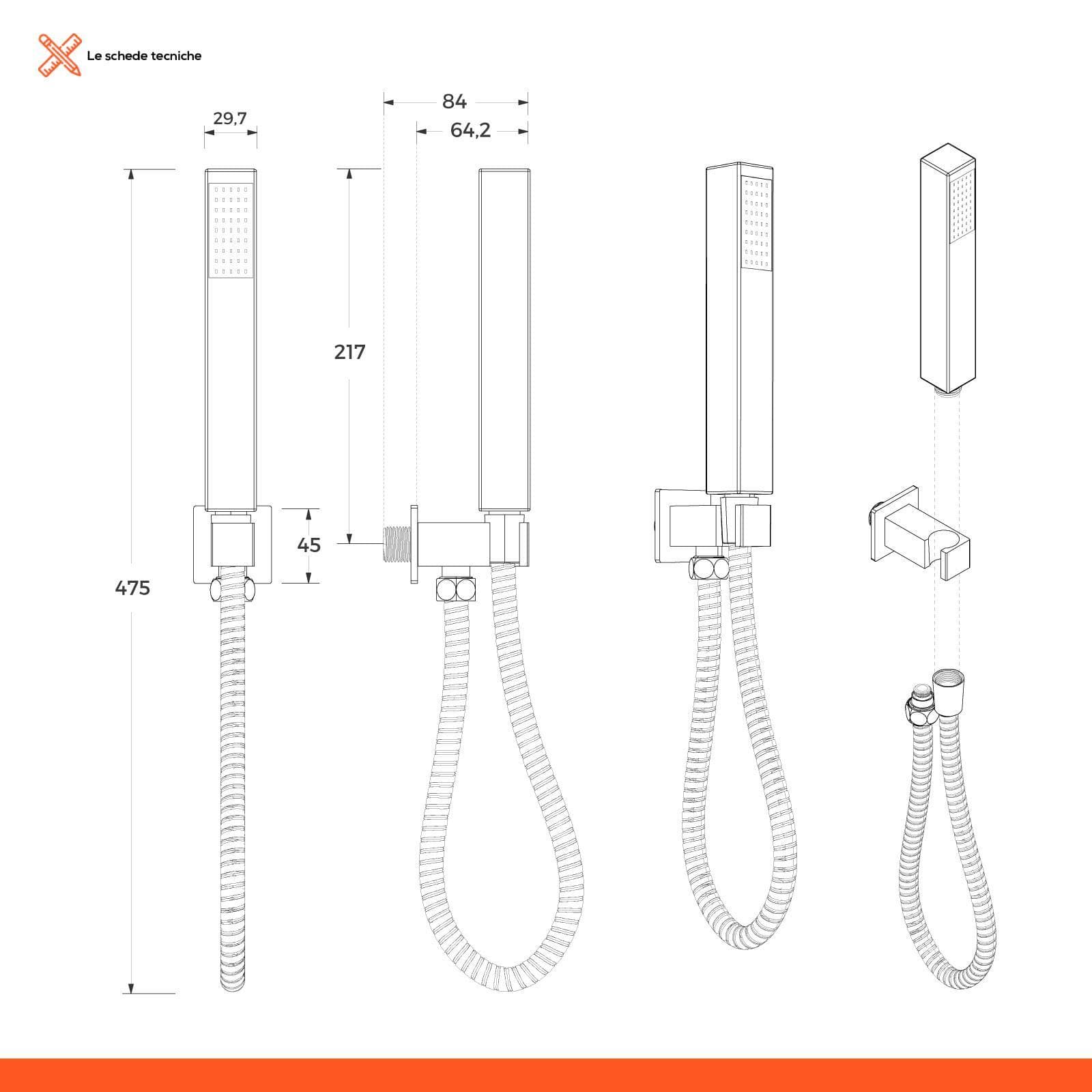 Set doccia cromato con soffione squadrato con braccio e doccetta con presa acqua