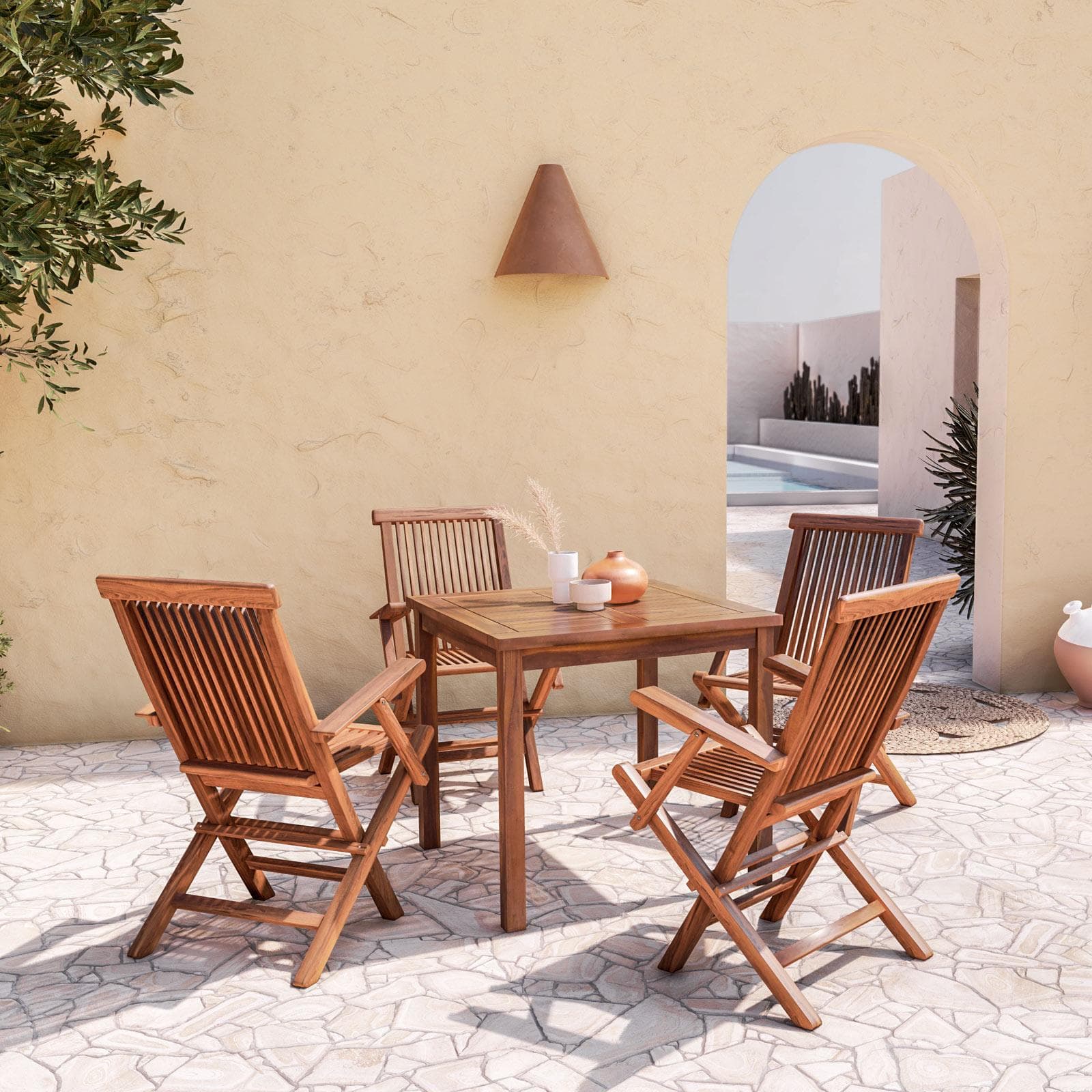 Set pranzo tavolo 80x80 cm e 4 sedie con braccioli in legno teak - Louis