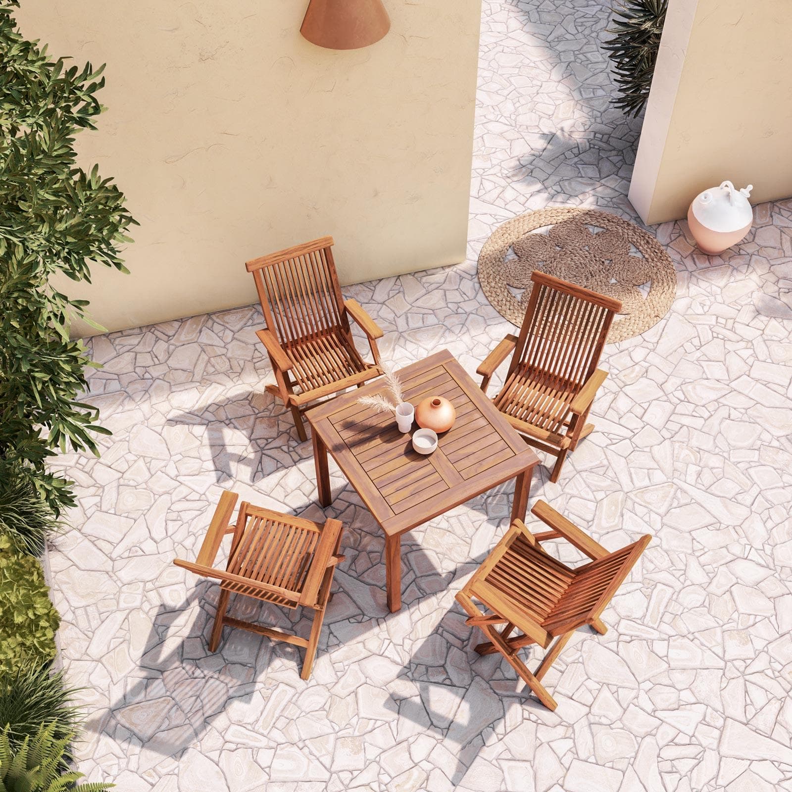 Set pranzo tavolo 80x80 cm e 4 sedie con braccioli in legno teak - Louis