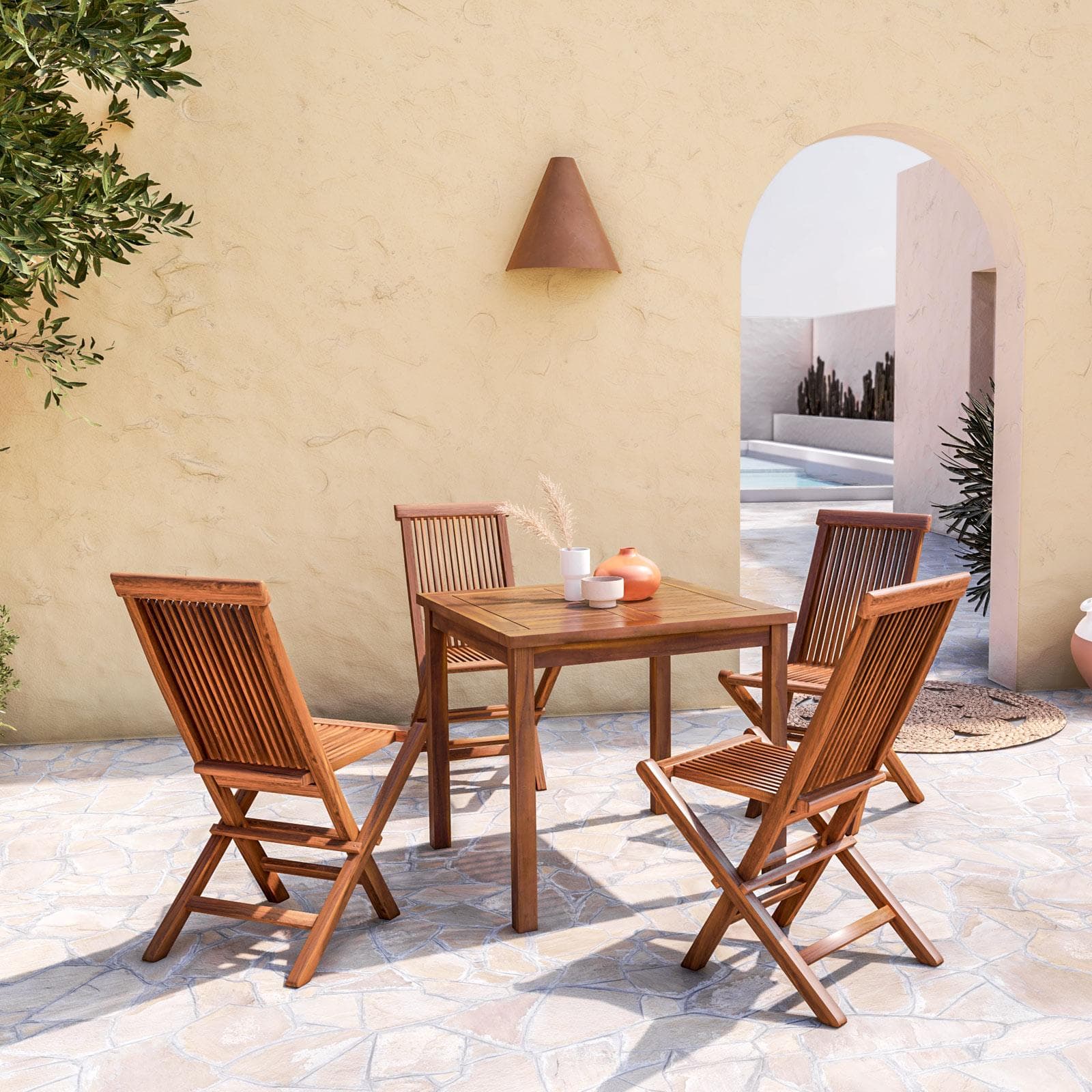 Set pranzo tavolo 80x80 cm e 4 sedie pieghevoli in legno teak - Louis