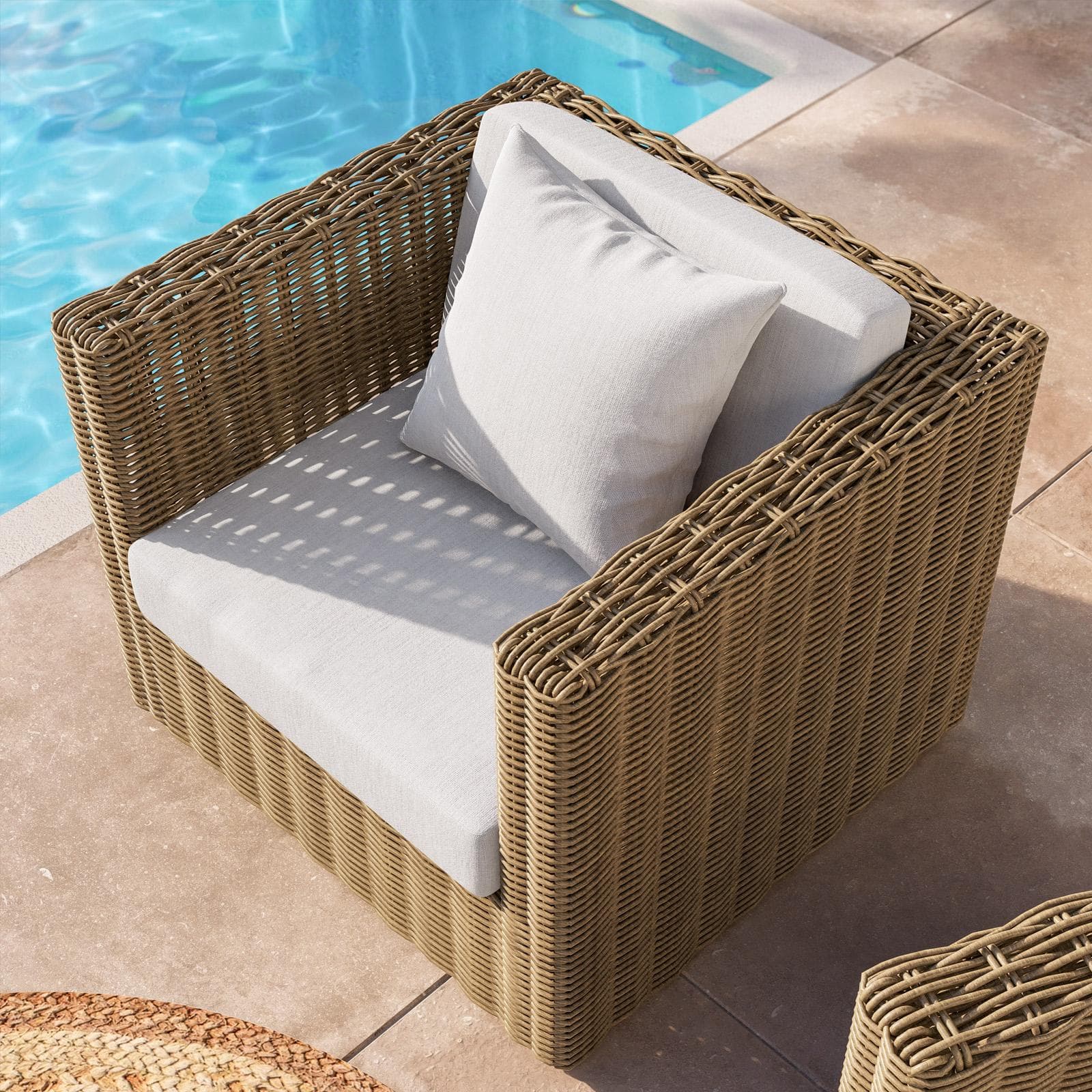 Set relax con divano e 2 poltrone in rattan naturale e cuscini - Asmira
