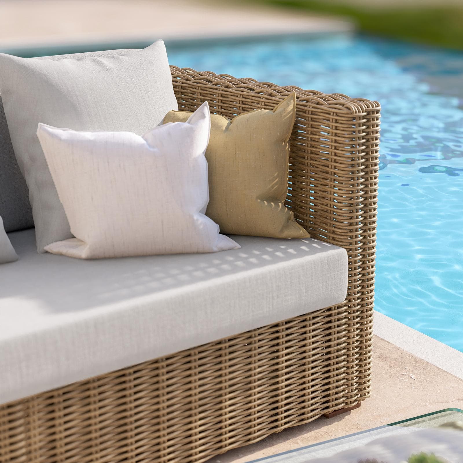 Set relax con divano e 2 poltrone in rattan naturale e cuscini - Asmira