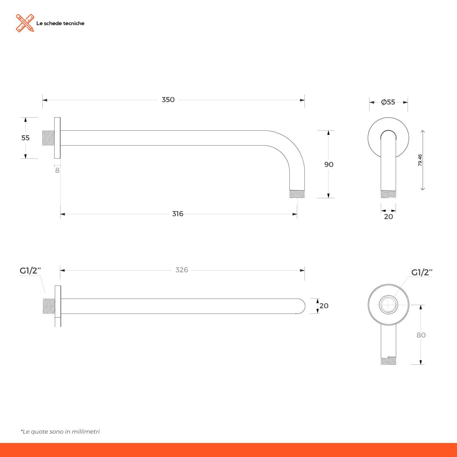 Set incasso doccia con braccio 35 cm e soffione 30 cm cromo – Fluid