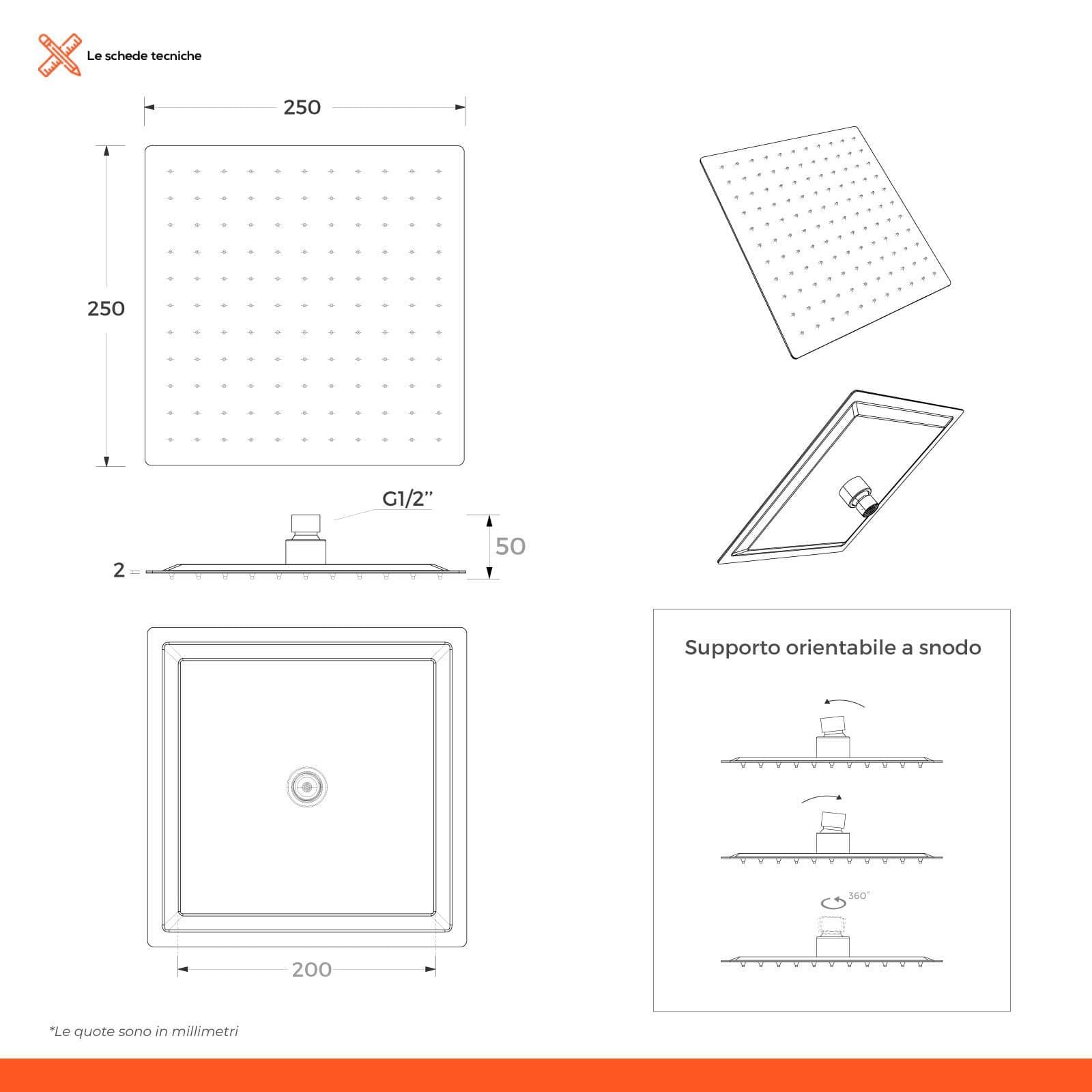 Set incasso doccia con braccio a soffitto 20 cm e soffione 25x25 cm nero – Iota