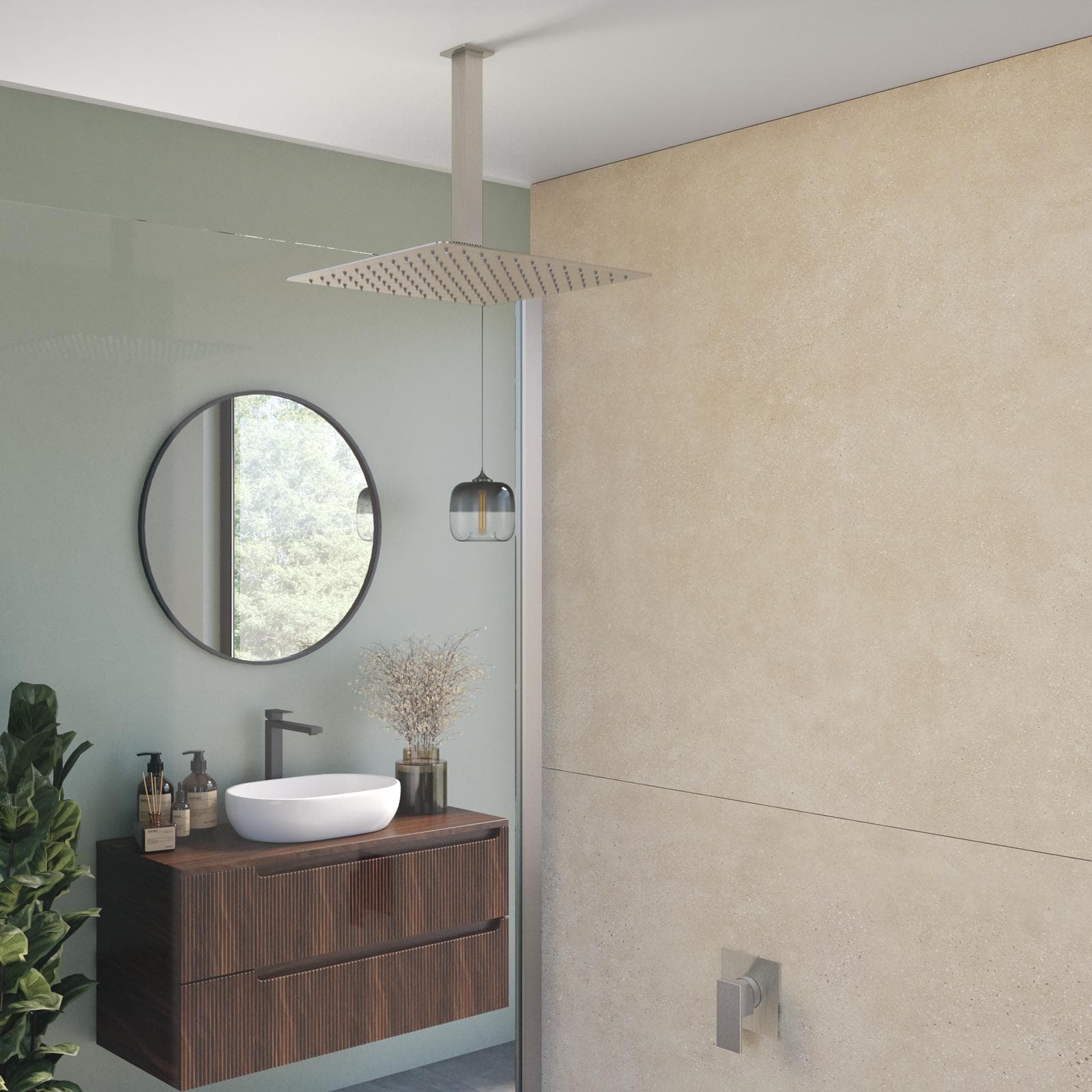 Set incasso doccia con braccio a soffitto 20 cm e soffione 40x40 cm spazzolato – Kyria