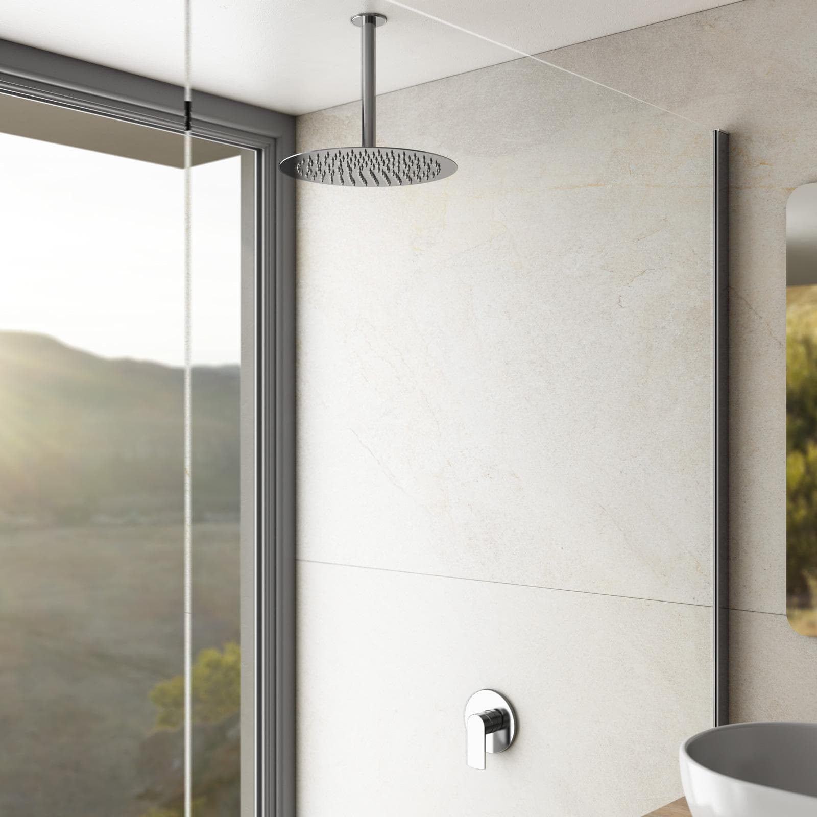 Set incasso doccia con braccio a soffitto 32 cm e soffione 30 cm cromo – Fluid