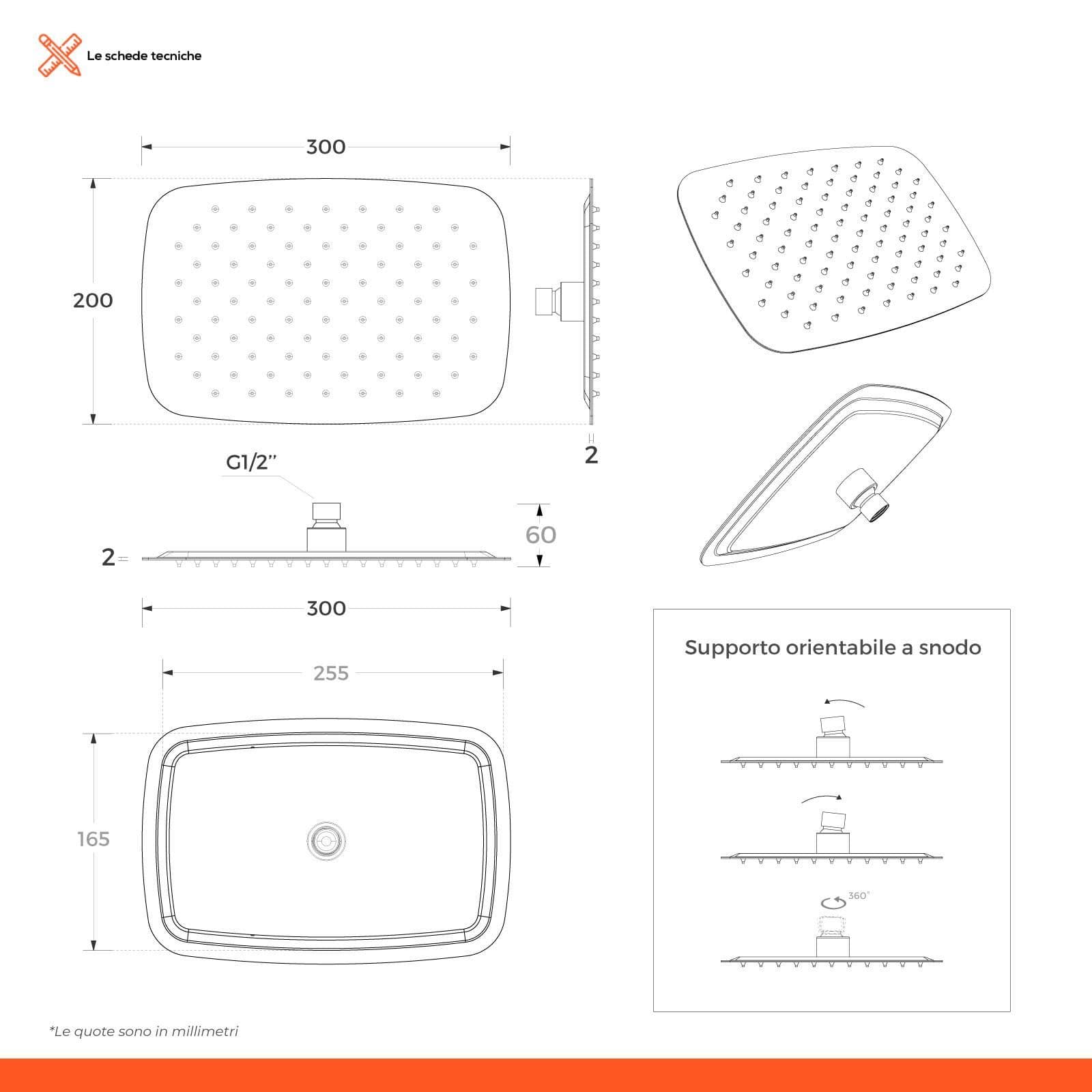 Set incasso doccia con braccio doccia 40 cm e soffione 30x20 cm cromo – Tiamat