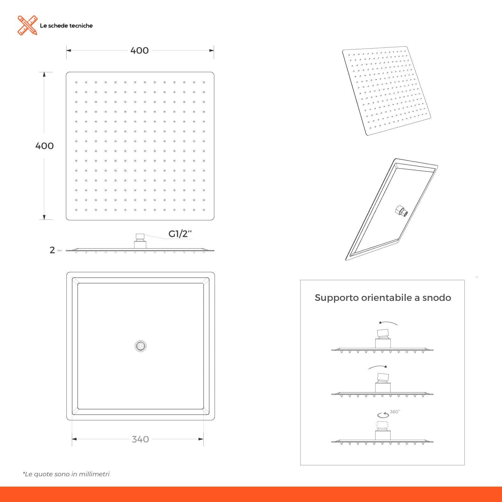 Set incasso doccia con braccio doccia 40 cm e soffione 40x40 cm spazzolato – Kyria