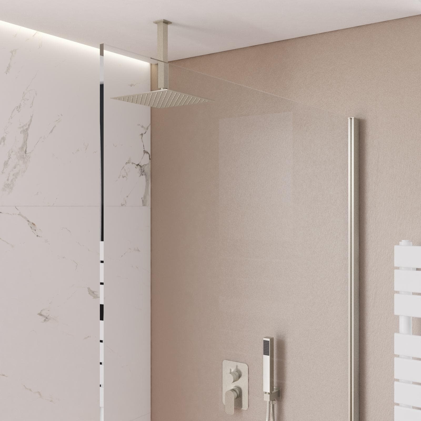 Set incasso doccia con deviatore con braccio a soffitto 20 cm e soffione 25x25 cm spazzolato – Fusion