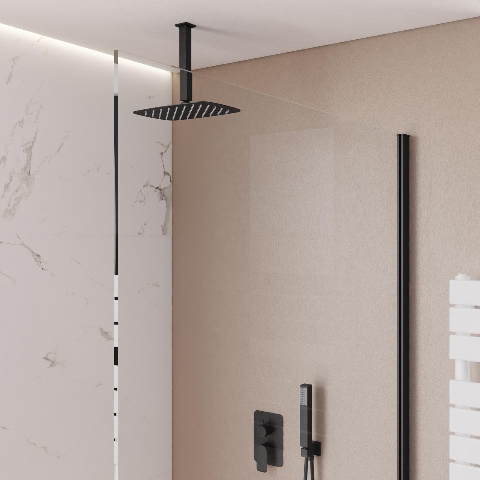 Set incasso doccia con deviatore con braccio a soffitto 20 cm e soffione 30x20 cm nero – Fusion