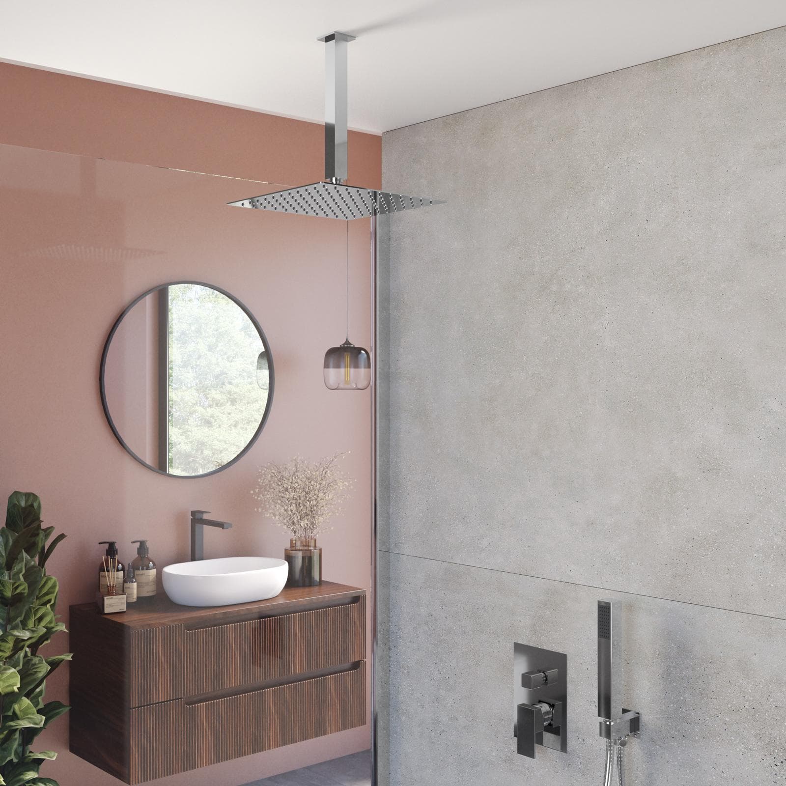 Set incasso doccia con deviatore con braccio a soffitto 32 cm e soffione 25x25 cm cromo – Kyria