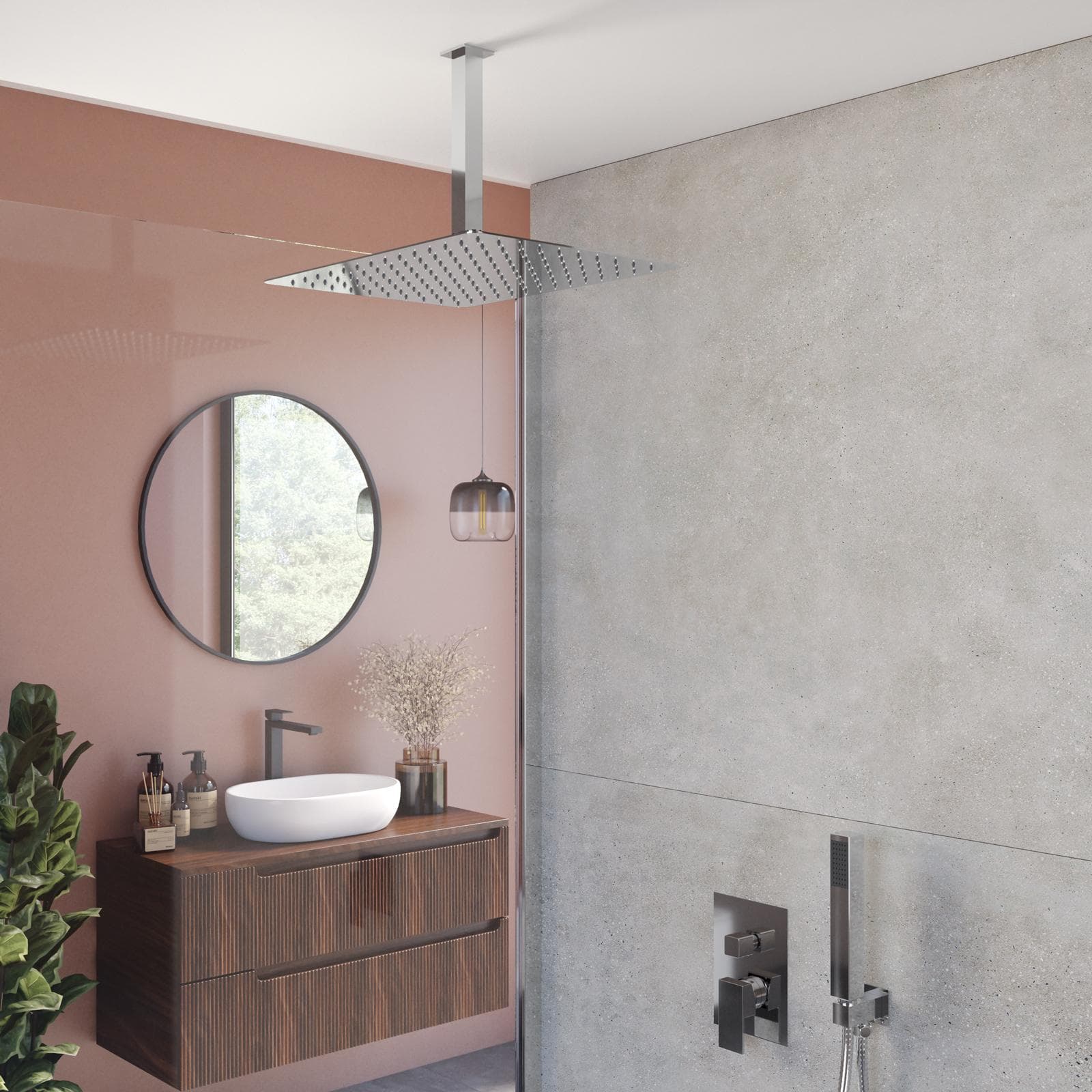 Set incasso doccia con deviatore con braccio a soffitto 32 cm e soffione 40x30 cm cromo – Kyria