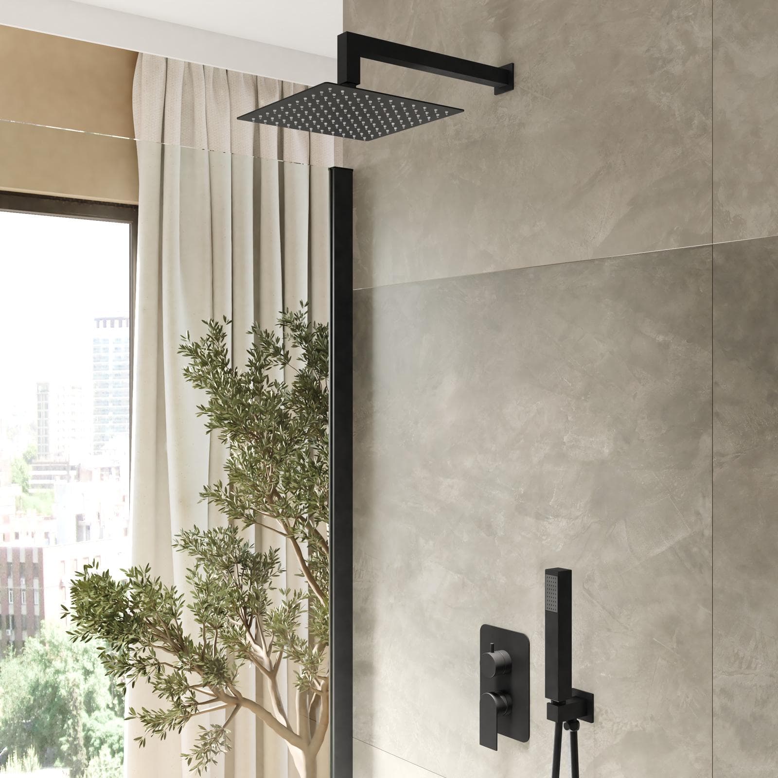 Set incasso doccia con deviatore con braccio doccia 35 cm e soffione 20x20 cm nero – Iota