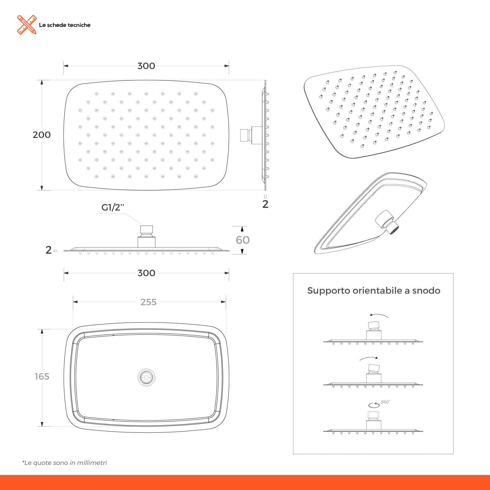 Set incasso doccia con deviatore con braccio doccia 40 cm e soffione 30x20 cm nero – Fusion
