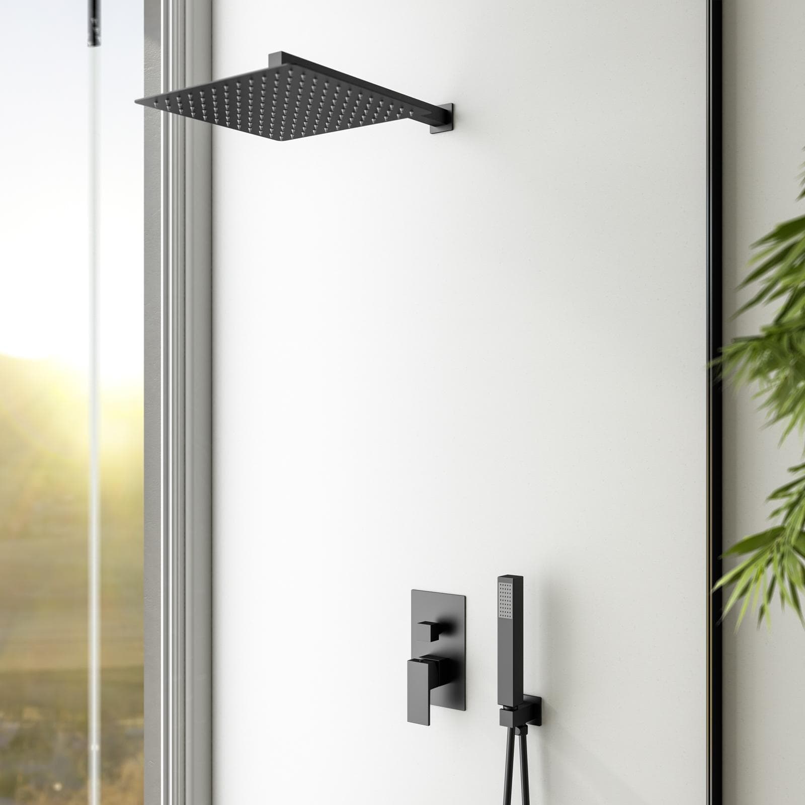Set incasso doccia con deviatore e doccino con braccio doccia 40 cm e soffione 30x30 cm nero – Tiamat