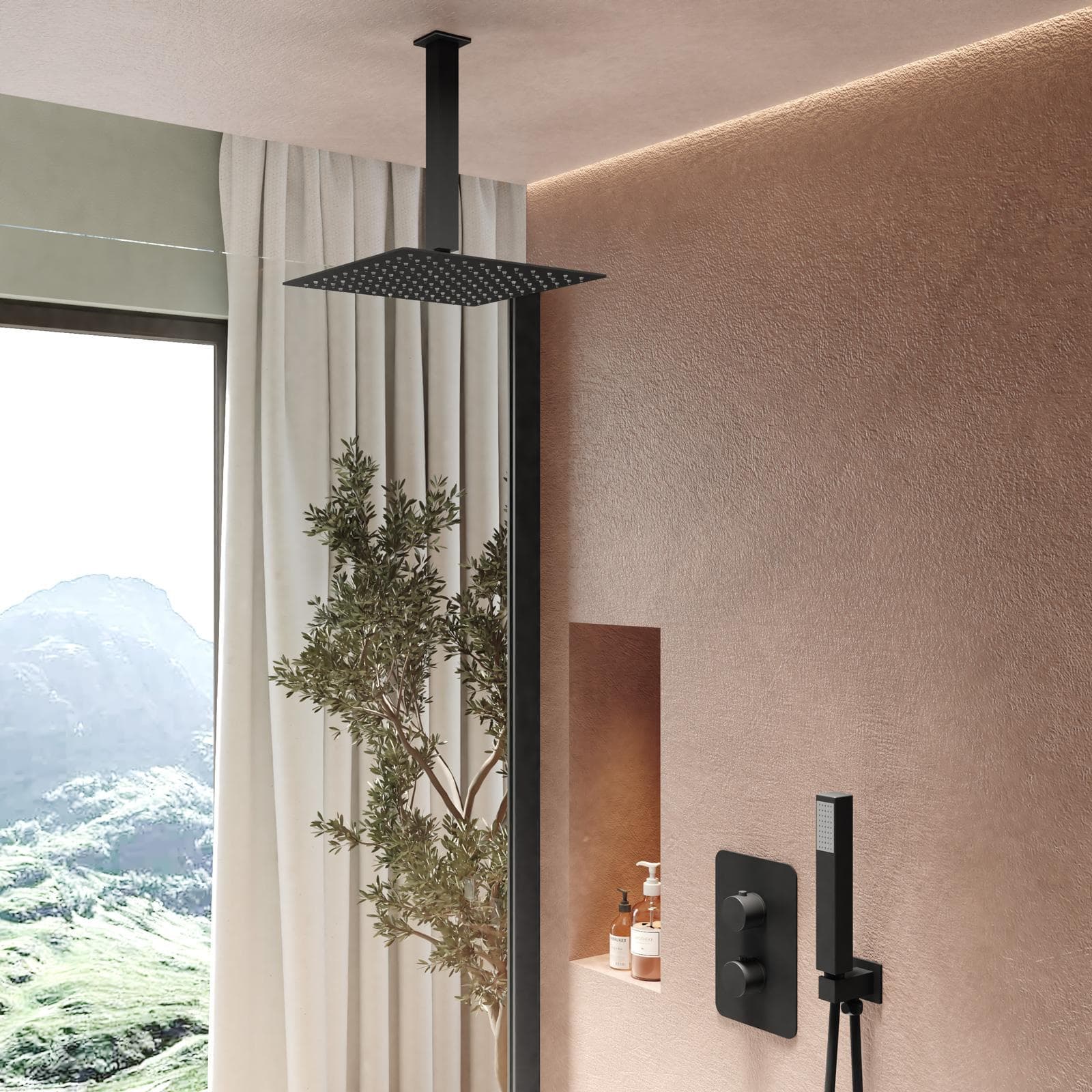 Set incasso doccia termostatico con deviatore con braccio a soffitto 20 cm e soffione 25x25 cm nero – Iota