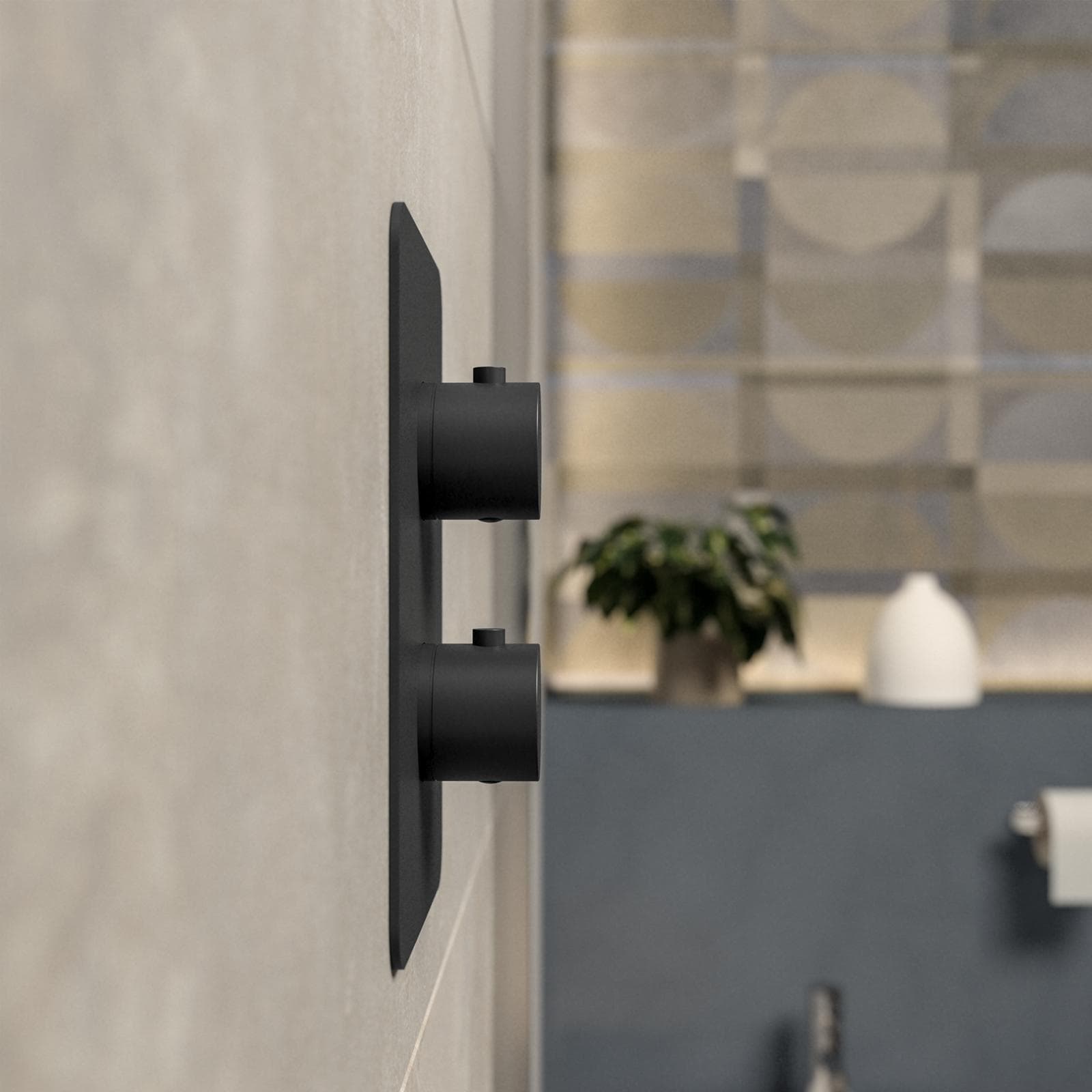 Set incasso doccia termostatico con deviatore con braccio a soffitto 20 cm e soffione 25x25 cm nero – Iota