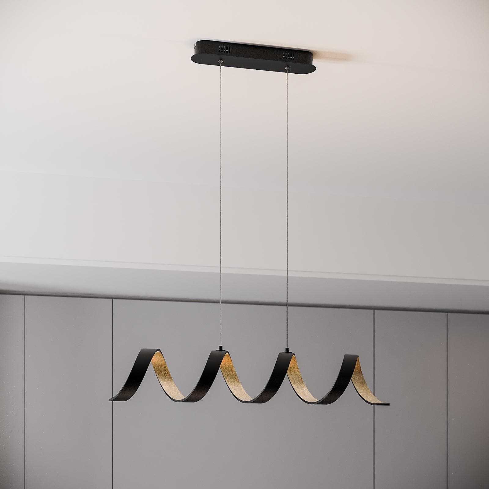 Set lampada da soffitto 80 cm e 2 applique a luce naturale in alluminio nero goffrato e interno oro