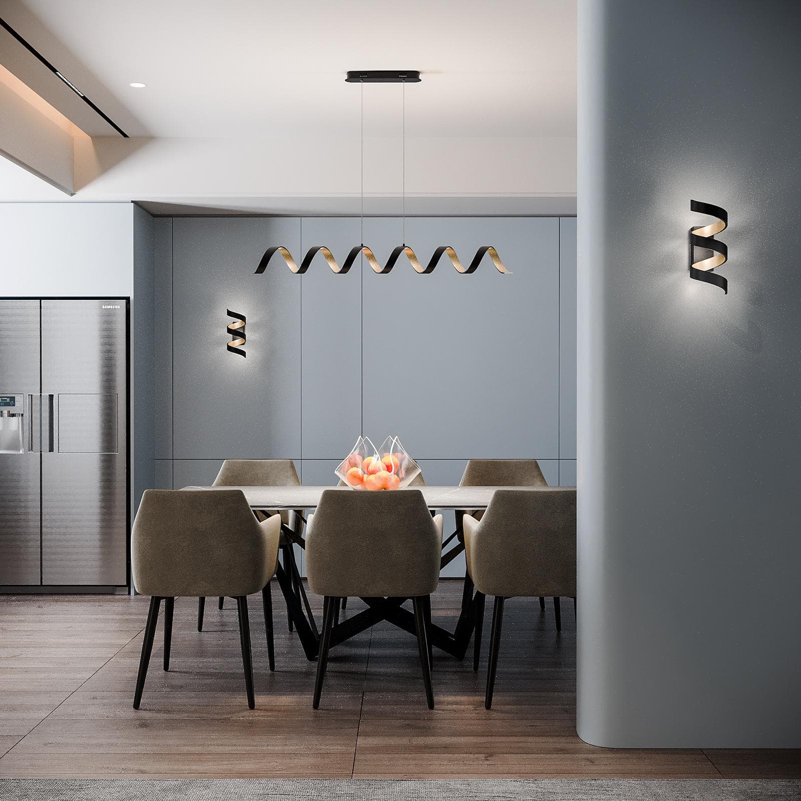 Set lampada sospesa 120h cm e 2 applique a luce naturale in alluminio nero goffrato e interno oro