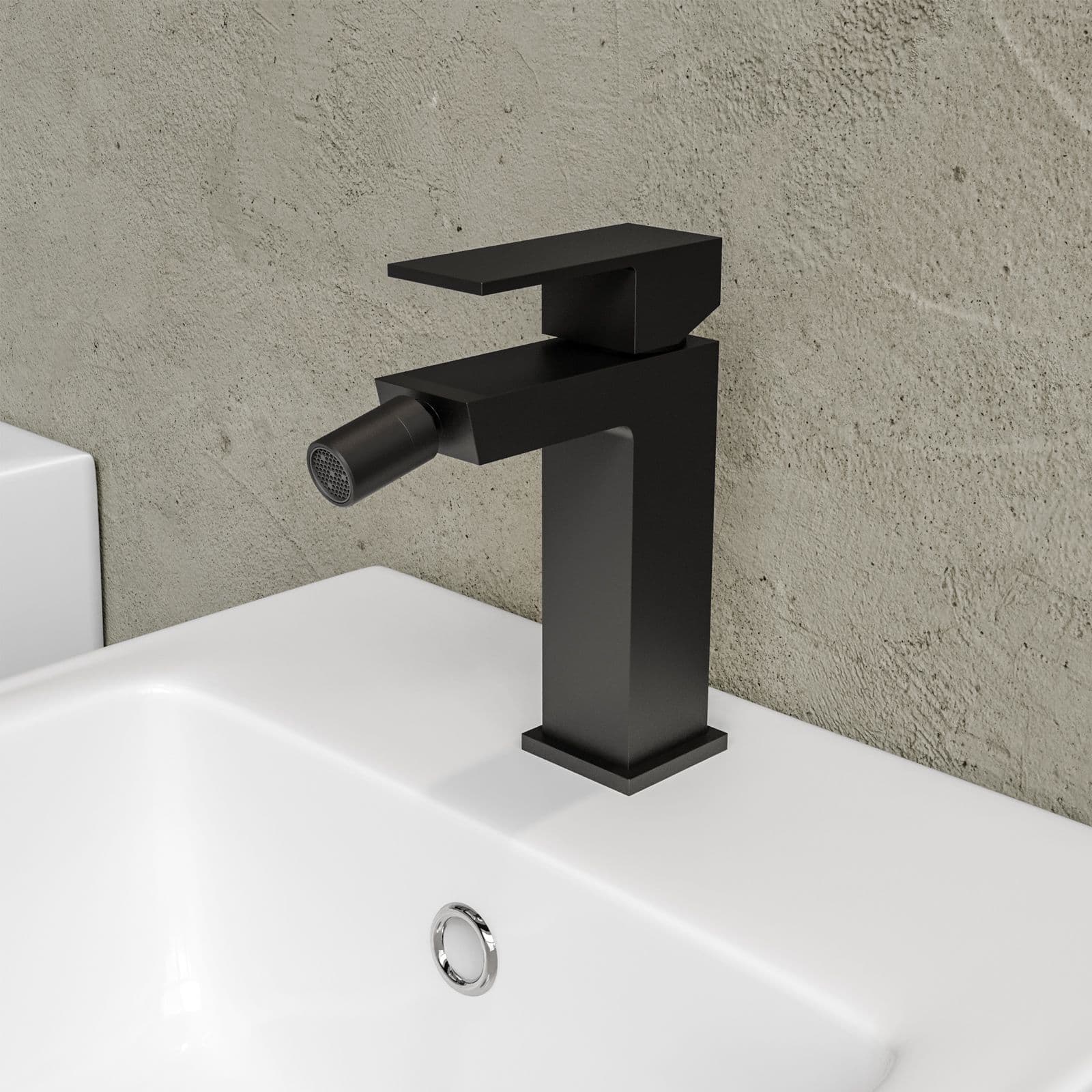 Set miscelatore lavabo a muro canna 20 e bidet con esterno doccia nero – Kyria