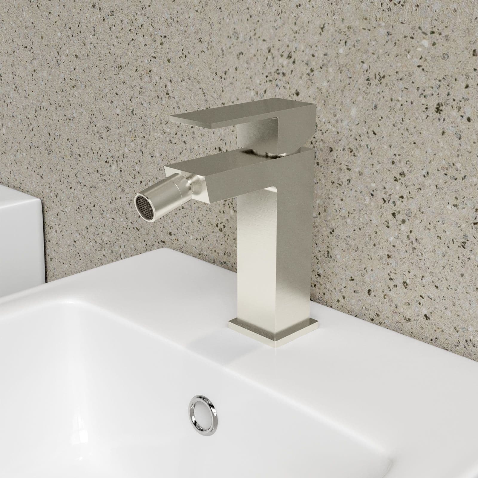 Set miscelatore lavabo a muro canna 25 e bidet con esterno vasca spazzolato – Kyria