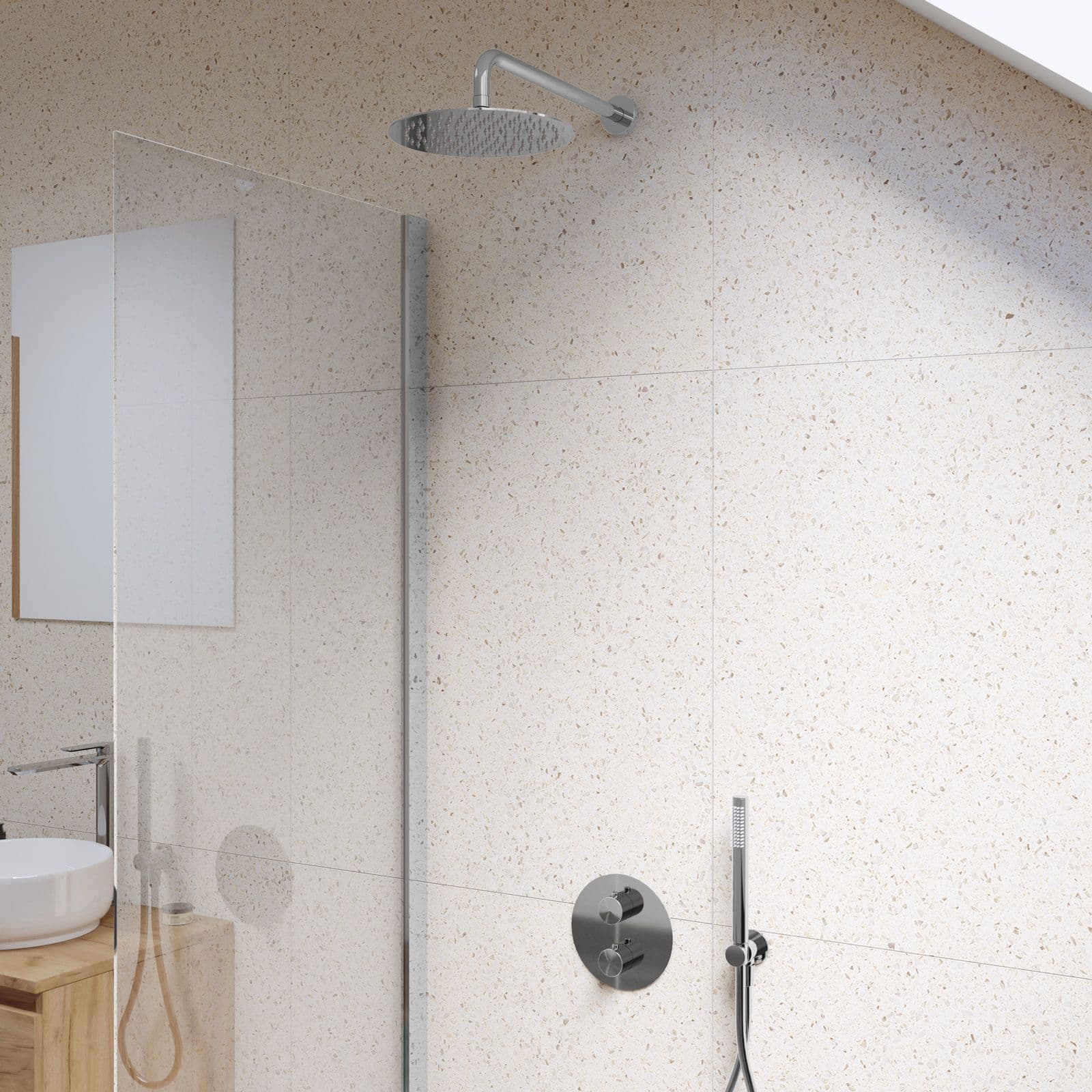 Set lavabo a muro e bidet con incasso doccia termostatico in ottone cromo - Nocta